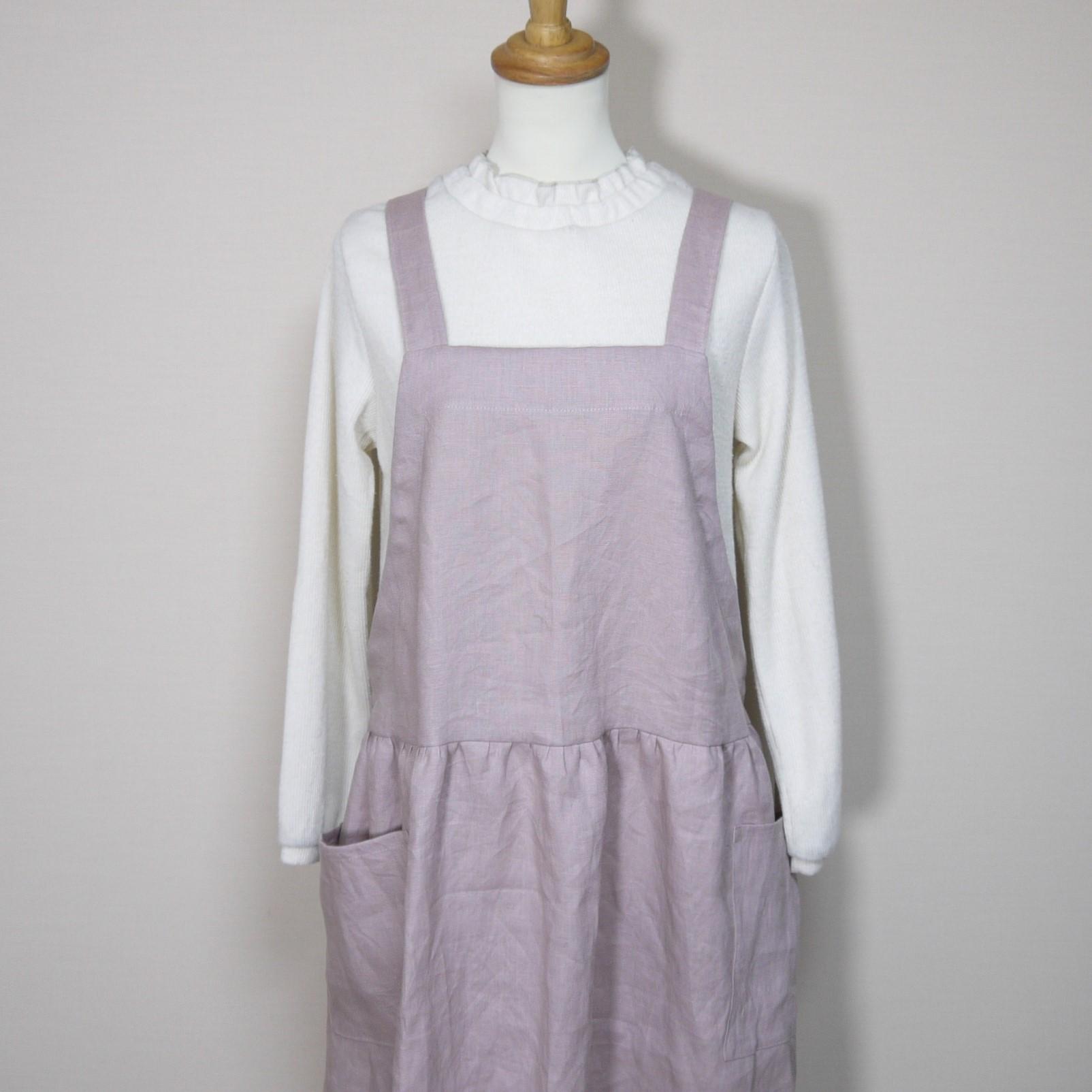 カラーリネン◆ギャザーエプロンワンピース◆オールドモーブ◆フリーサイズ（中厚、リネン100％） | 2枚目