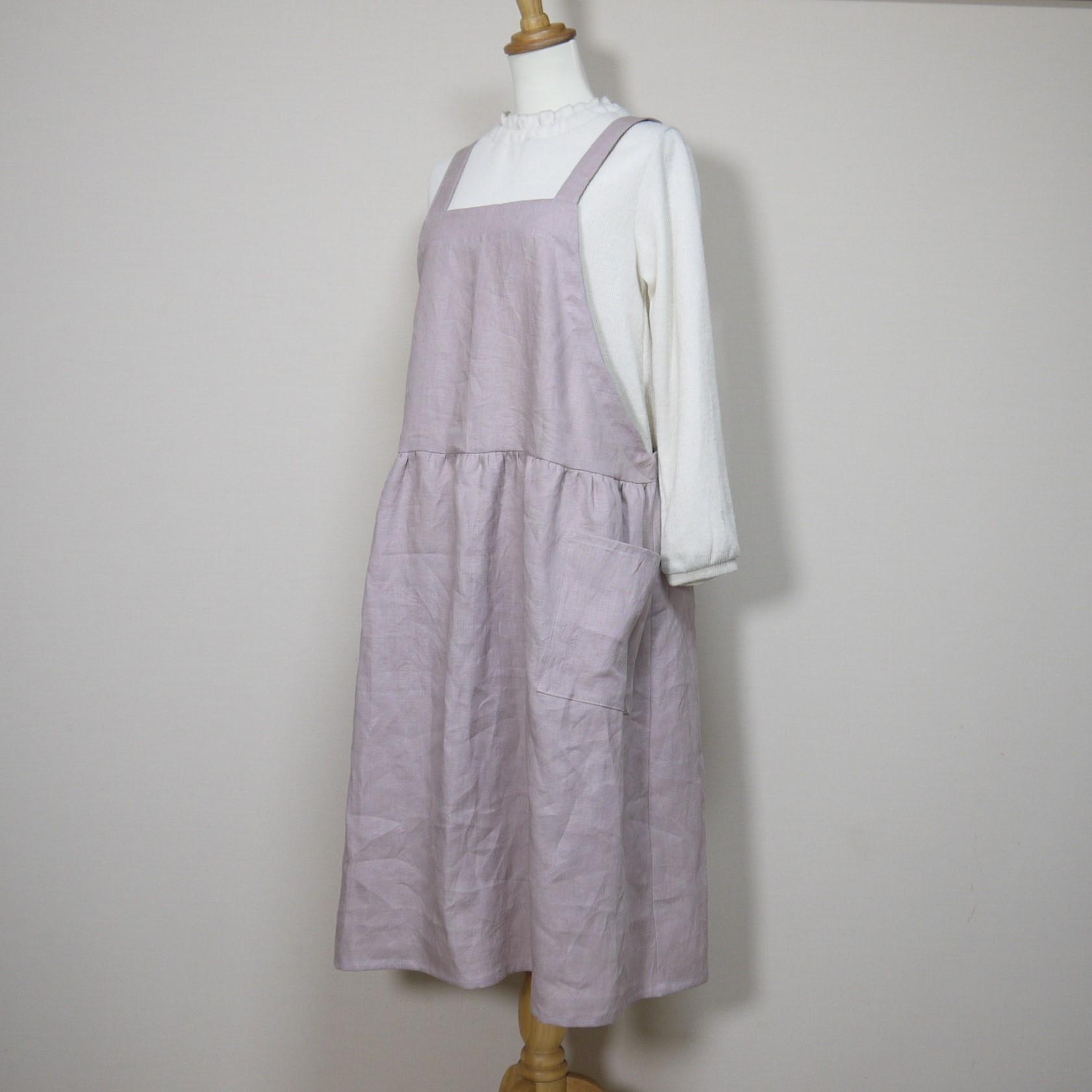 カラーリネン◆ギャザーエプロンワンピース◆オールドモーブ◆フリーサイズ（中厚、リネン100％） | 3枚目