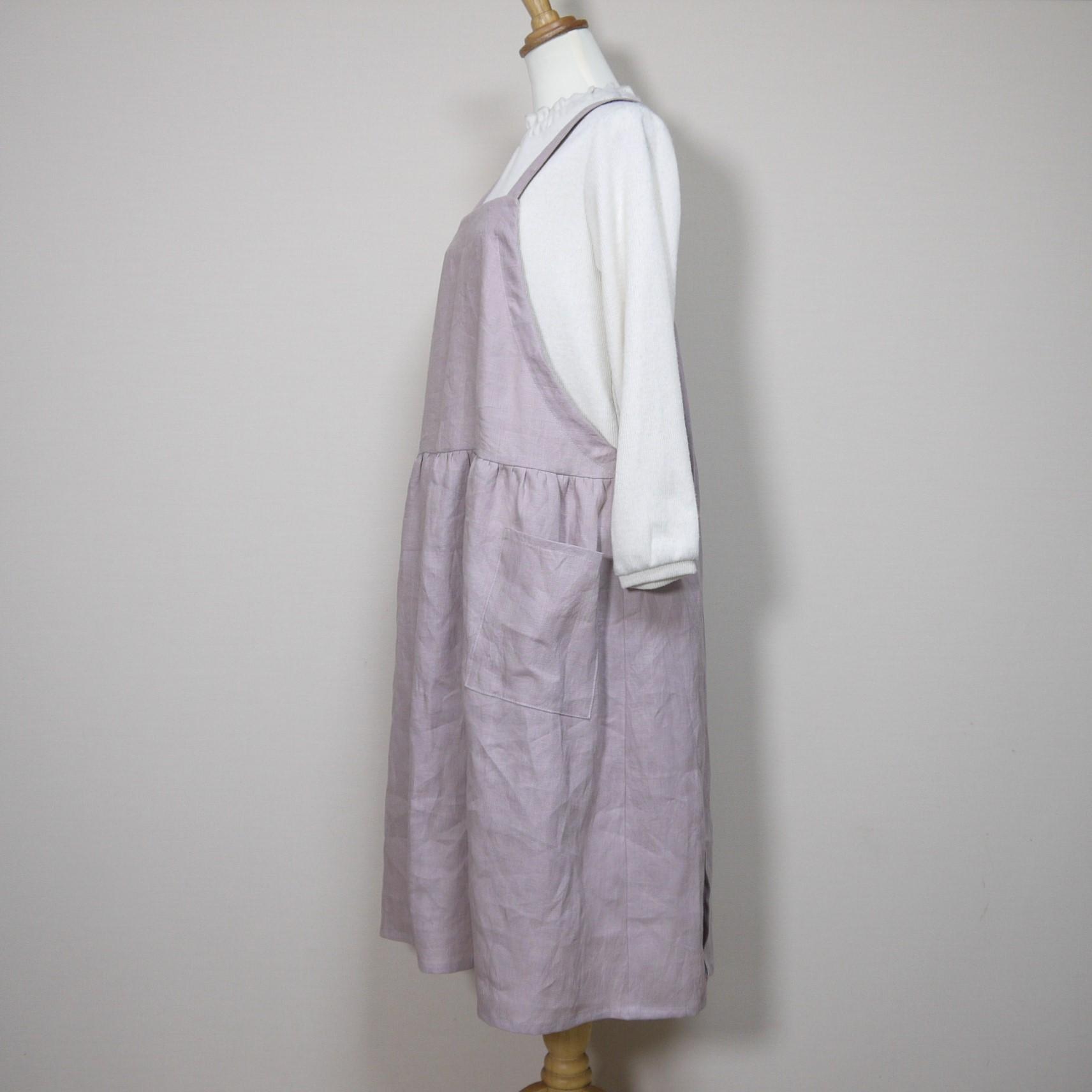 カラーリネン◆ギャザーエプロンワンピース◆オールドモーブ◆フリーサイズ（中厚、リネン100％） | 4枚目