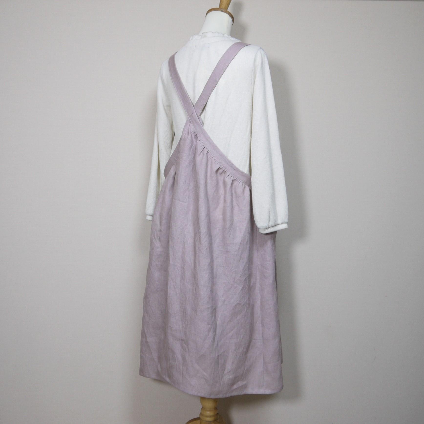 カラーリネン◆ギャザーエプロンワンピース◆オールドモーブ◆フリーサイズ（中厚、リネン100％） | 6枚目