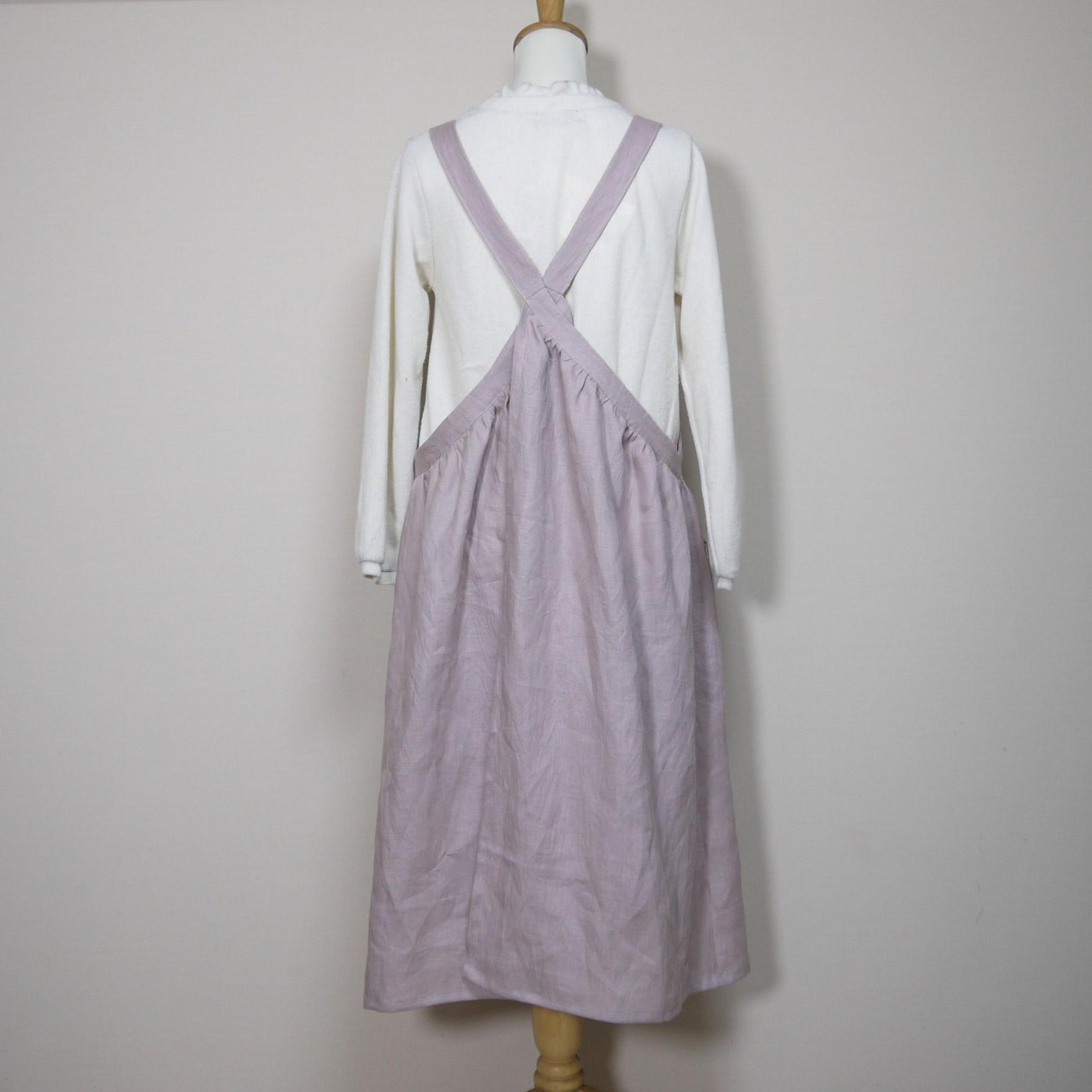 カラーリネン◆ギャザーエプロンワンピース◆オールドモーブ◆フリーサイズ（中厚、リネン100％） | 7枚目