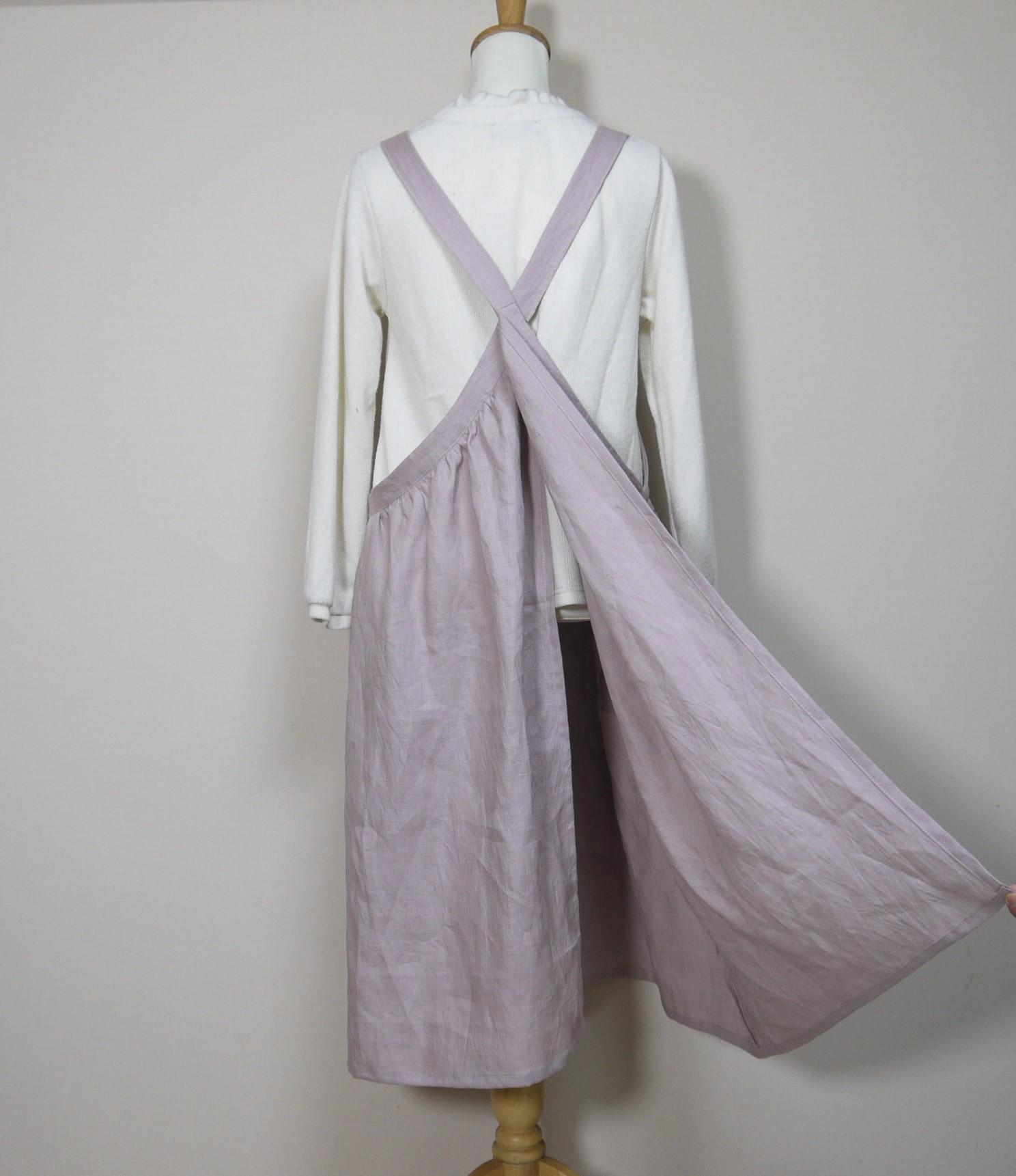 カラーリネン◆ギャザーエプロンワンピース◆オールドモーブ◆フリーサイズ（中厚、リネン100％） | 8枚目