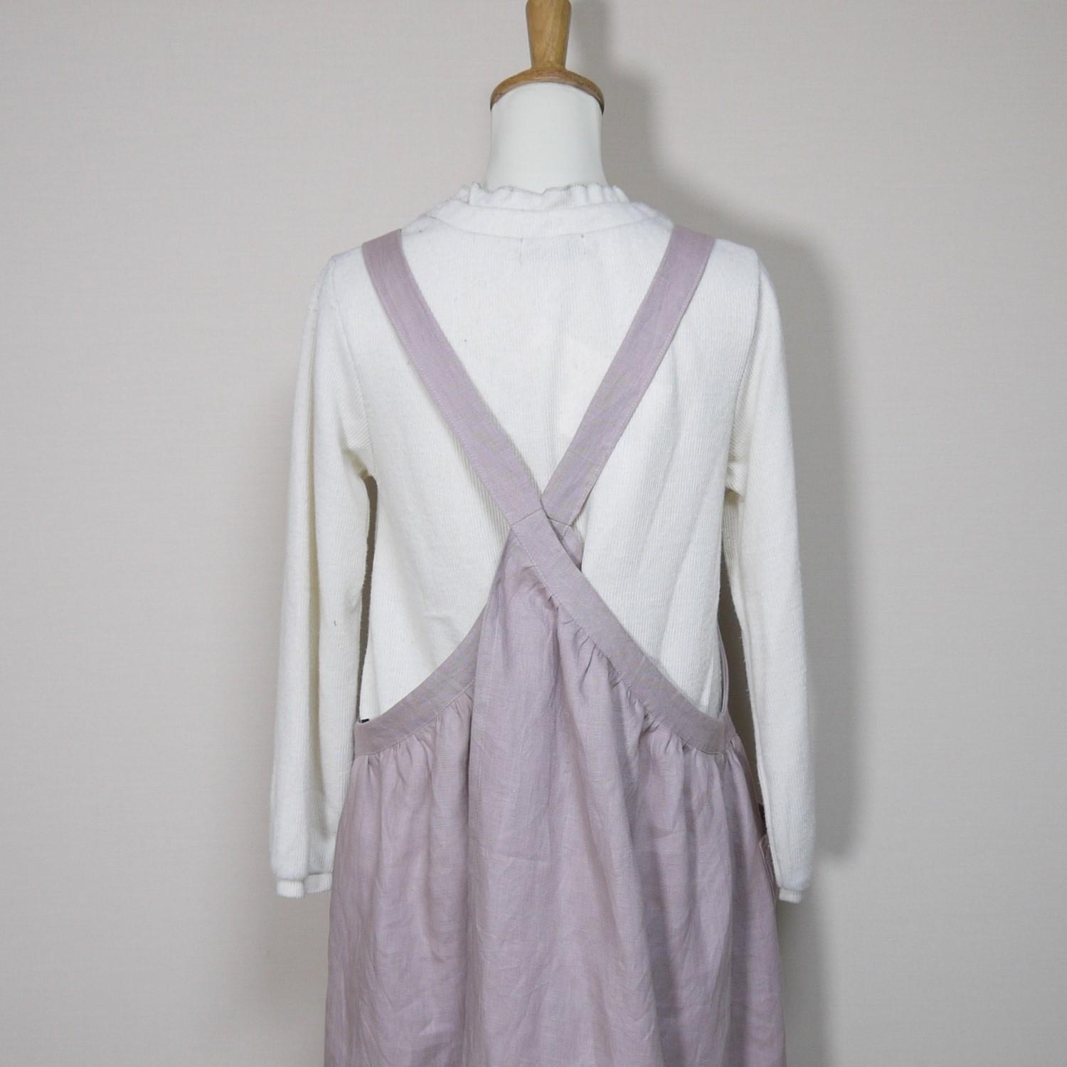 カラーリネン◆ギャザーエプロンワンピース◆オールドモーブ◆フリーサイズ（中厚、リネン100％） | 9枚目