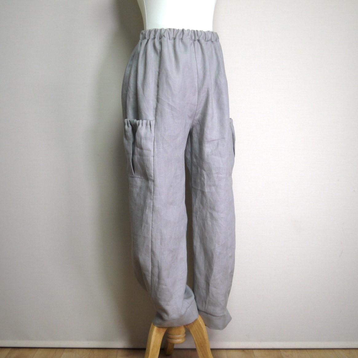 カラーリネン◆サイドポケットパンツ　ワイドロング◆グレージュ◆フリーサイズ（中厚、リネン100％） | 2枚目