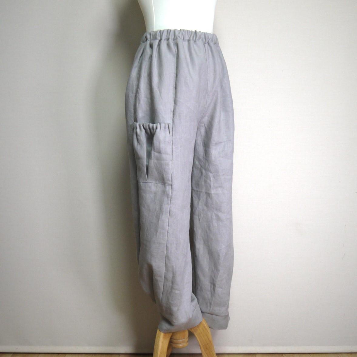 カラーリネン◆サイドポケットパンツ　ワイドロング◆グレージュ◆フリーサイズ（中厚、リネン100％） | 3枚目