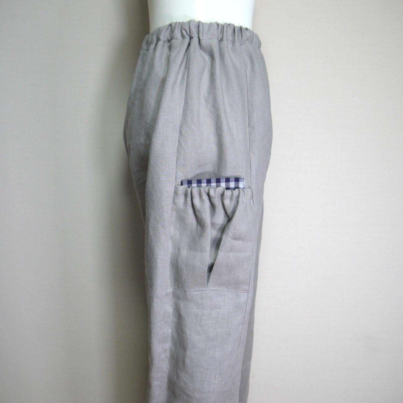 カラーリネン◆サイドポケットパンツ　ワイドロング◆グレージュ◆フリーサイズ（中厚、リネン100％） | 4枚目