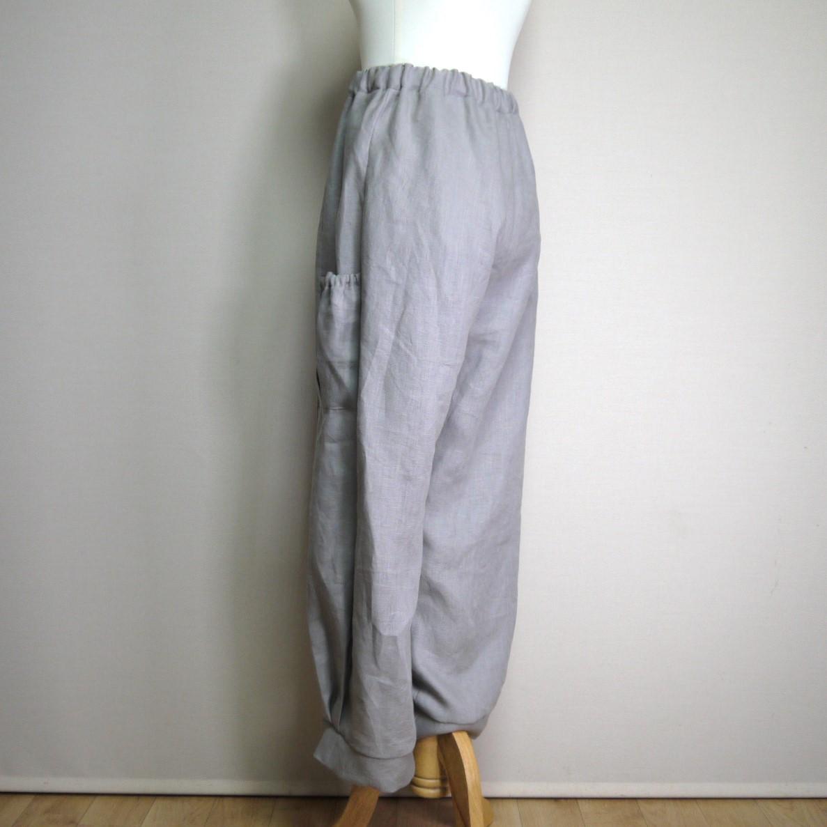 カラーリネン◆サイドポケットパンツ　ワイドロング◆グレージュ◆フリーサイズ（中厚、リネン100％） | 7枚目