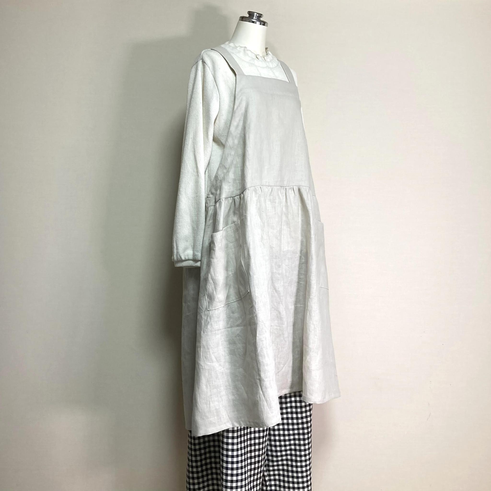 カラーリネン◆ギャザーエプロンワンピース◆ナチュラル◆フリーサイズ（中厚、リネン100％） | 2枚目
