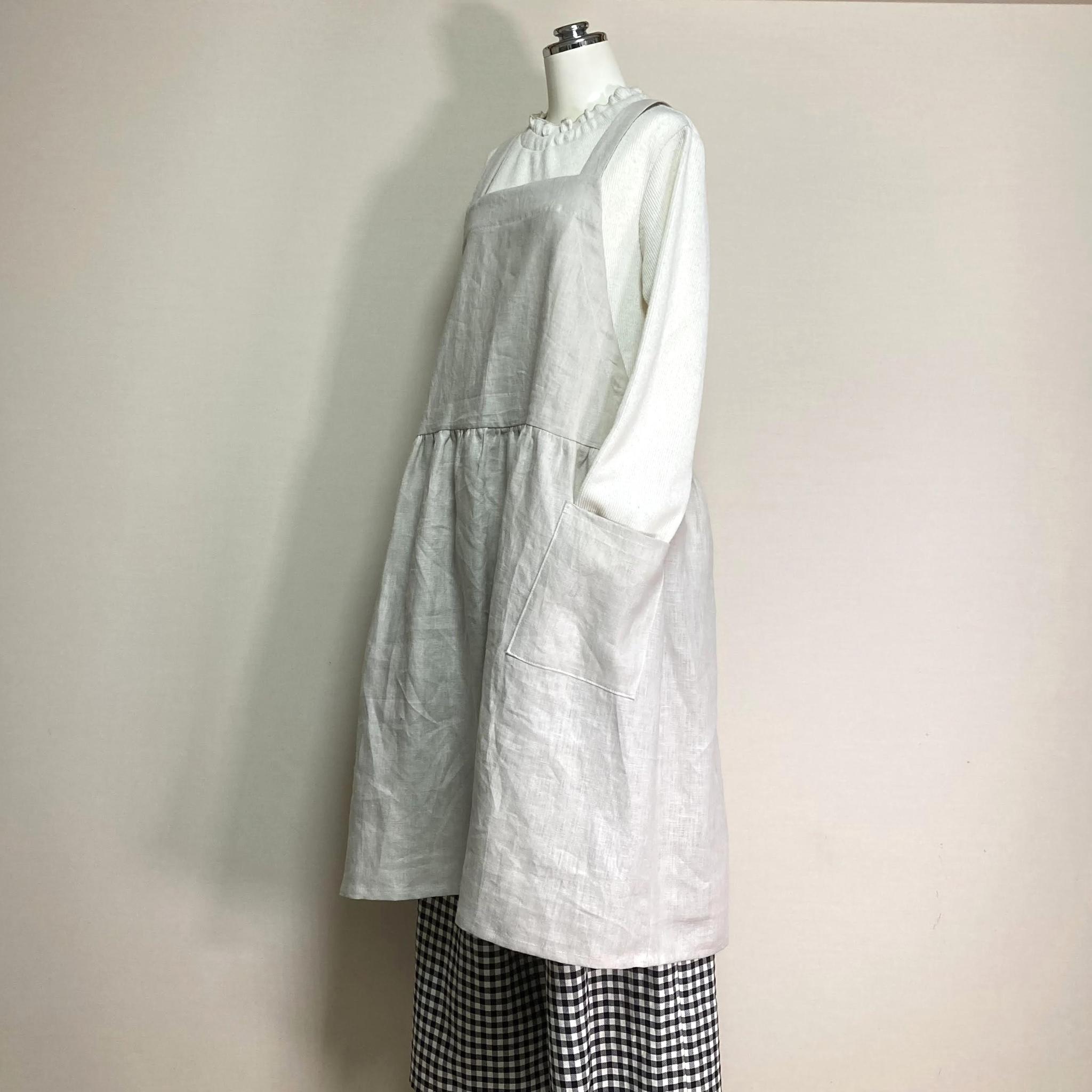 カラーリネン◆ギャザーエプロンワンピース◆ナチュラル◆フリーサイズ（中厚、リネン100％） | 3枚目