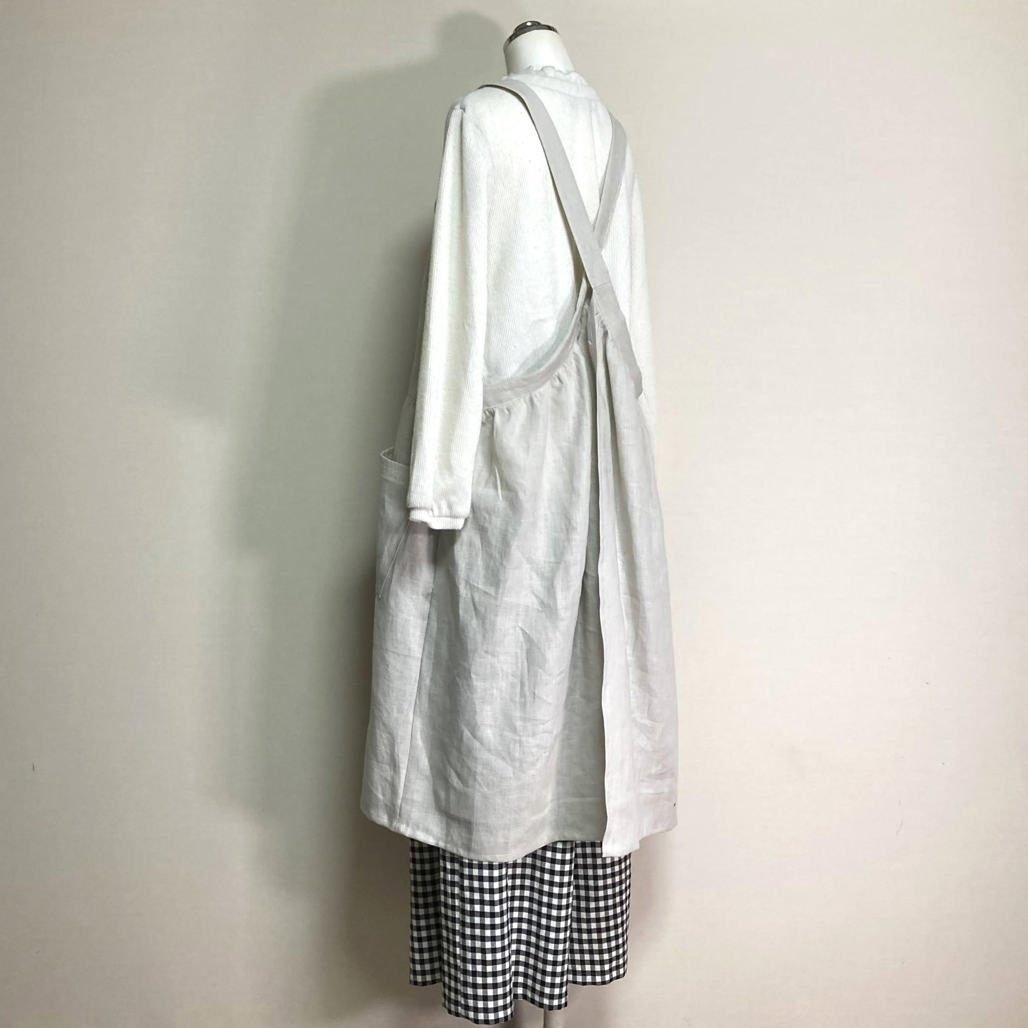 カラーリネン◆ギャザーエプロンワンピース◆ナチュラル◆フリーサイズ（中厚、リネン100％） | 5枚目