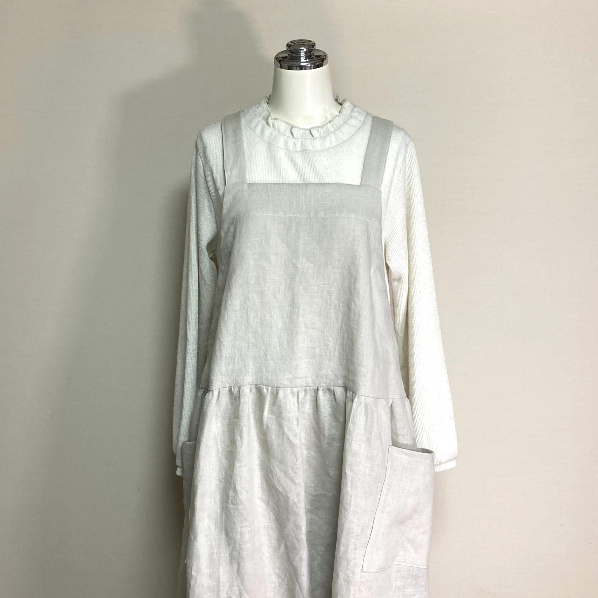 カラーリネン◆ギャザーエプロンワンピース◆ナチュラル◆フリーサイズ（中厚、リネン100％） | 7枚目