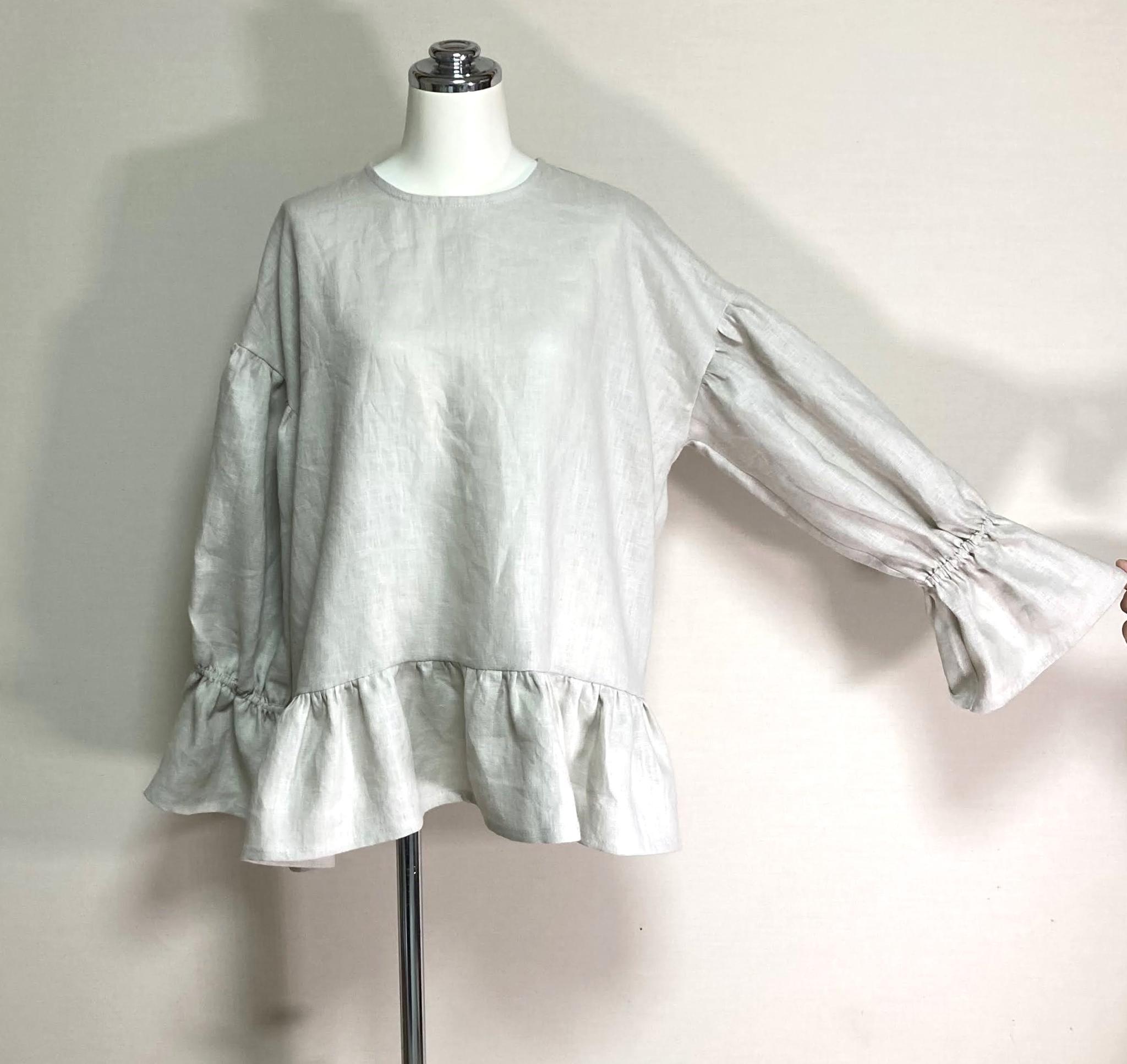 カラーリネン◆アンダーフリルのキャンディブラウス◆ナチュラル◆フリーサイズ（中厚、リネン100％） | 3枚目