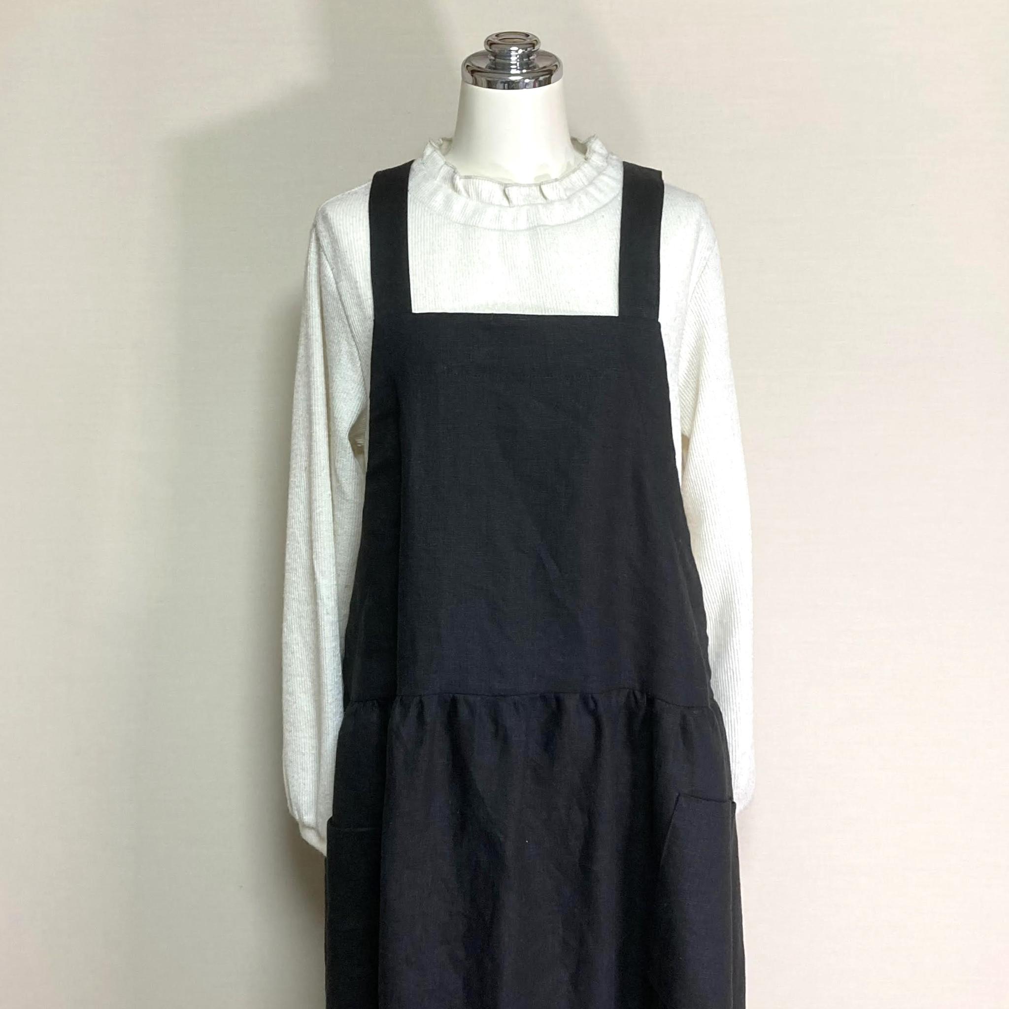 カラーリネン◆ギャザーエプロンワンピース◆黒◆フリーサイズ（中厚、リネン100％） | 2枚目