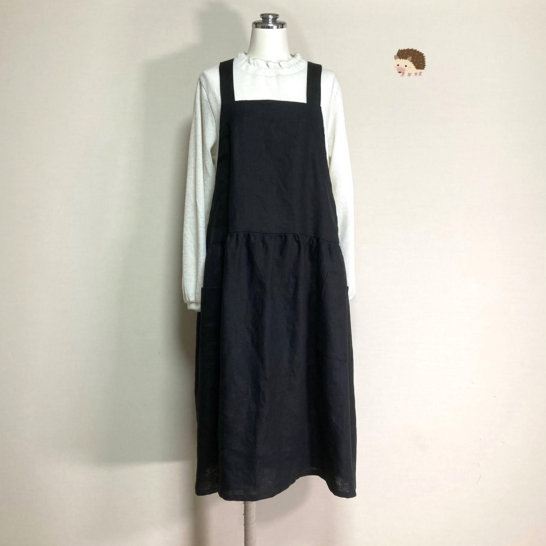 カラーリネン◆ギャザーエプロンワンピース◆黒◆フリーサイズ（中厚、リネン100％） | 3枚目