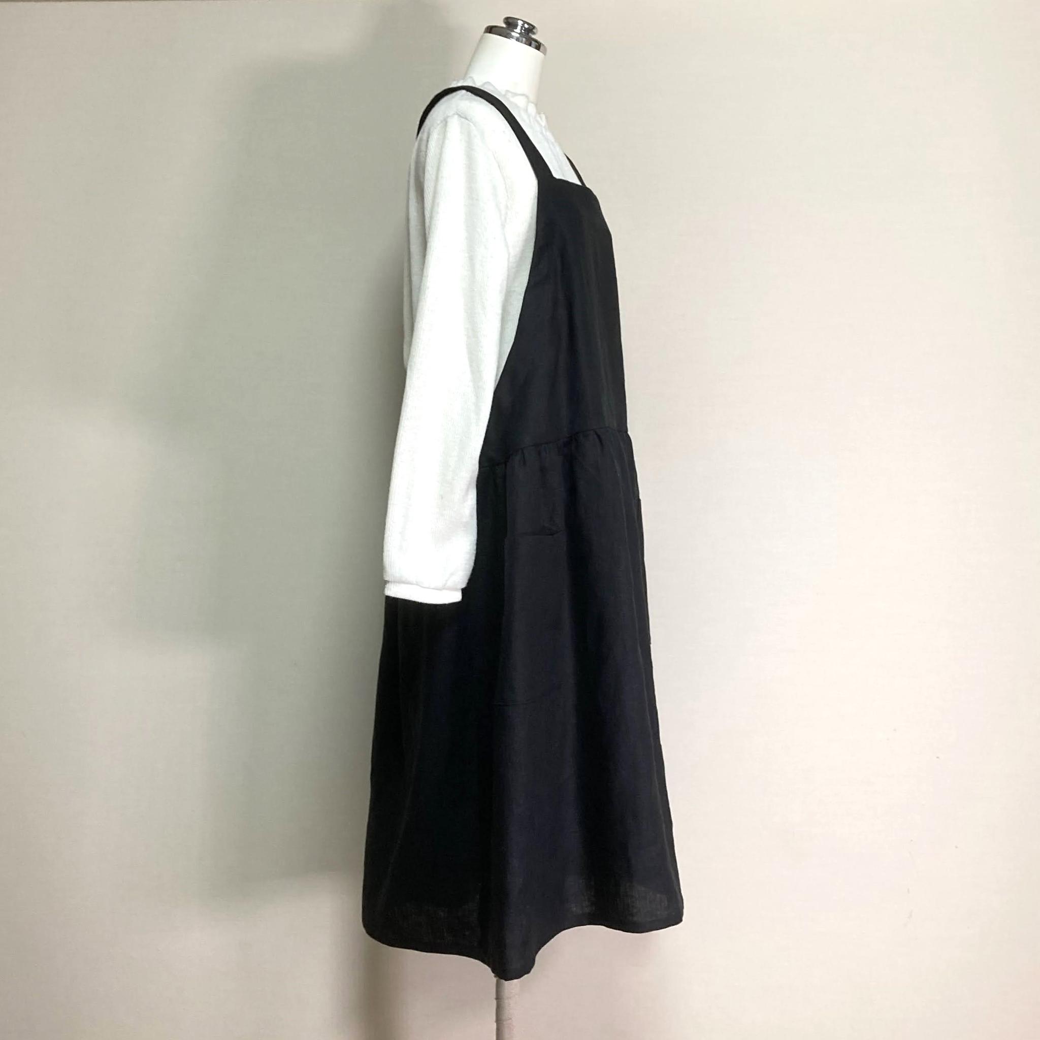 カラーリネン◆ギャザーエプロンワンピース◆黒◆フリーサイズ（中厚、リネン100％） | 4枚目
