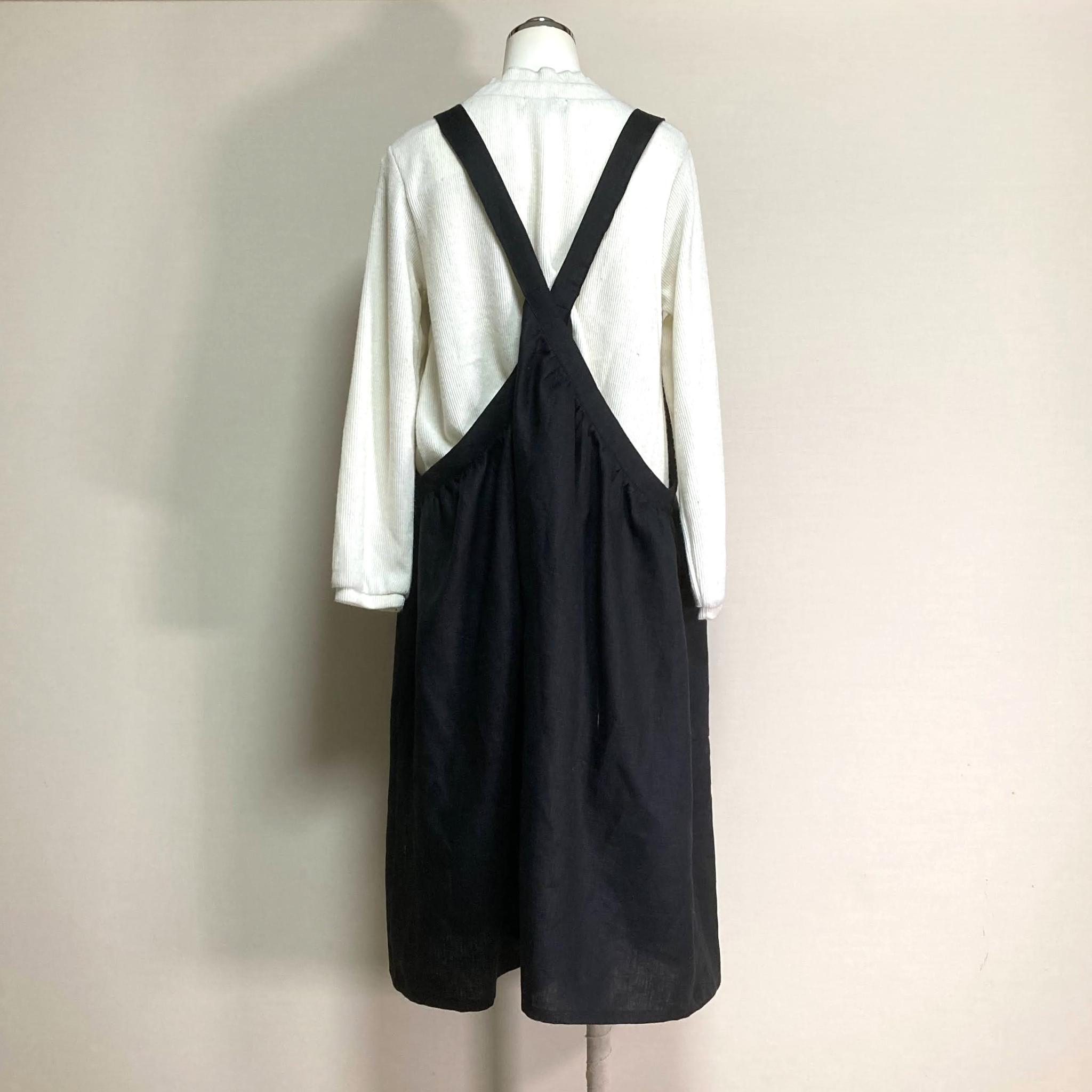 カラーリネン◆ギャザーエプロンワンピース◆黒◆フリーサイズ（中厚、リネン100％） | 6枚目