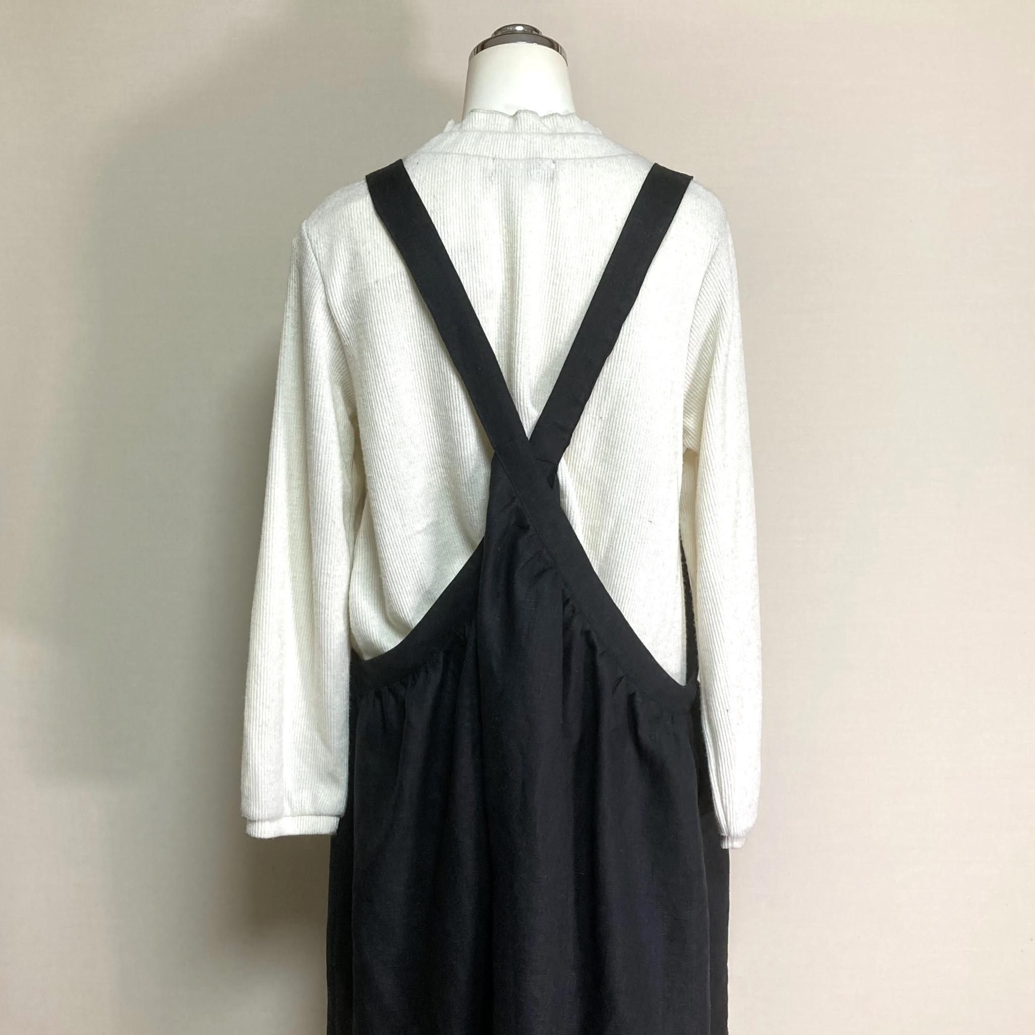 カラーリネン◆ギャザーエプロンワンピース◆黒◆フリーサイズ（中厚、リネン100％） | 7枚目