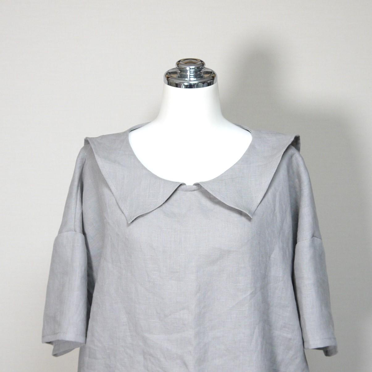 リネン◆ひらっとカラーのロングセーラーブラウス　半袖◆グレージュ◆フリーサイズ（中厚、リネン100％） | 4枚目