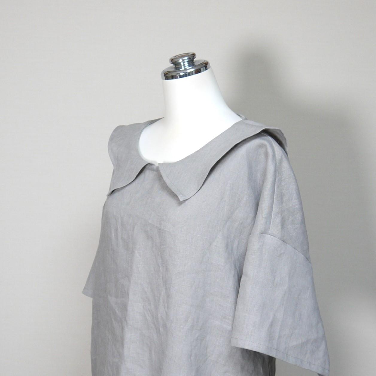 リネン◆ひらっとカラーのロングセーラーブラウス　半袖◆グレージュ◆フリーサイズ（中厚、リネン100％） | 5枚目