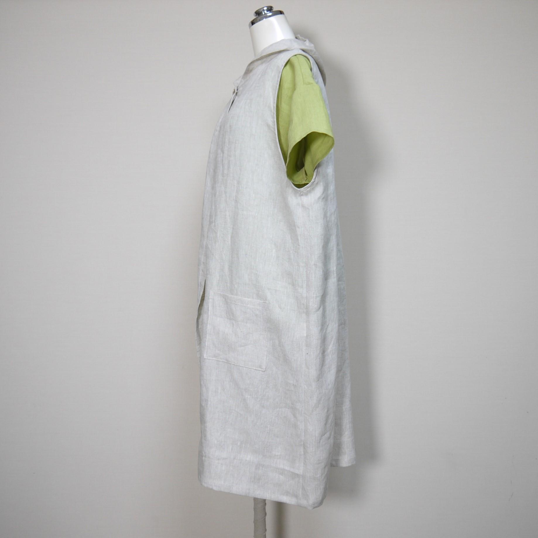 カラーリネン◆お飾りフードのロングジレ◆生成り◆フリーサイズ（中厚、リネン100％）～ジレ・ベスト | 6枚目