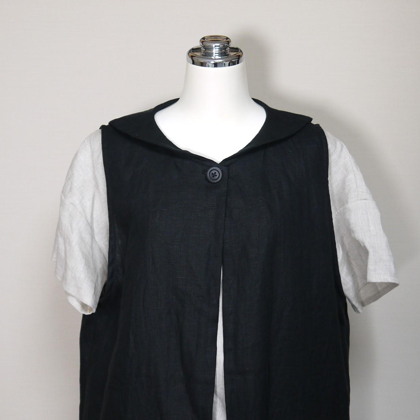 リネン◆プチセーラーのロングジレ◆黒◆フリーサイズ（中厚、リネン100％）～ジレ・ベスト～ | 2枚目