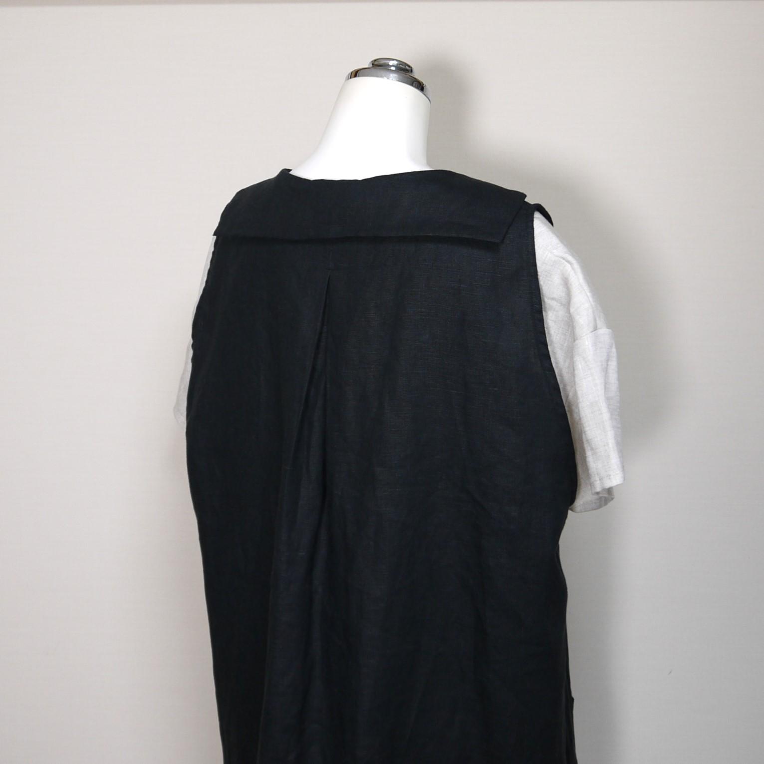 リネン◆プチセーラーのロングジレ◆黒◆フリーサイズ（中厚、リネン100％）～ジレ・ベスト～ | 3枚目