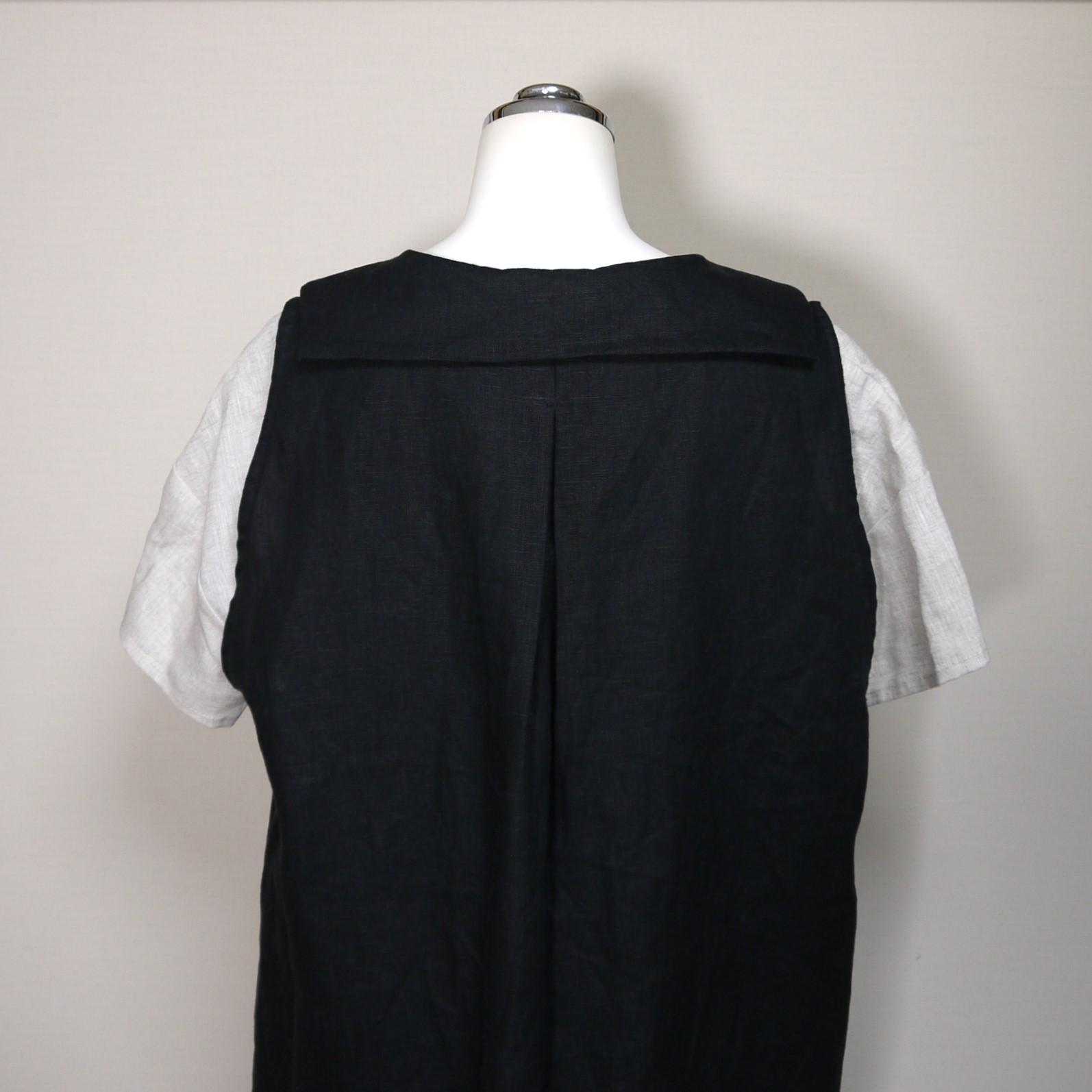 リネン◆プチセーラーのロングジレ◆黒◆フリーサイズ（中厚、リネン100％）～ジレ・ベスト～ | 9枚目