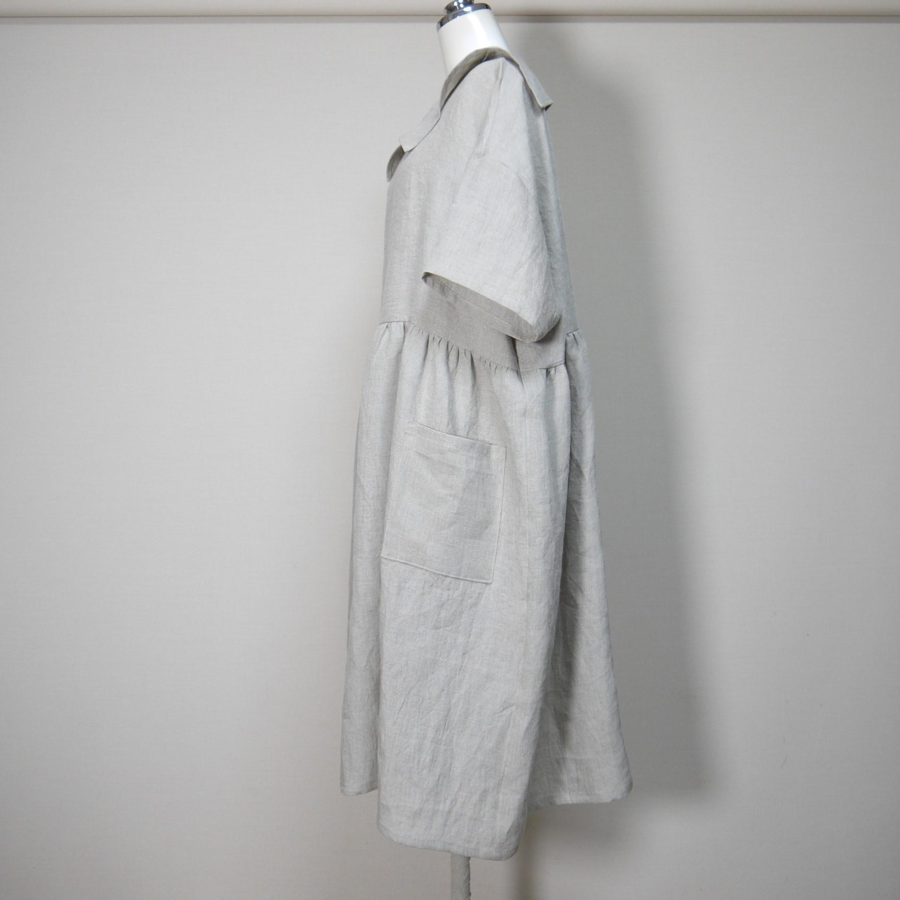 リネン◆ひらっとカラーのギャザーワンピース　半袖◆生成り◆フリーサイズ（中厚、リネン100％） | 5枚目