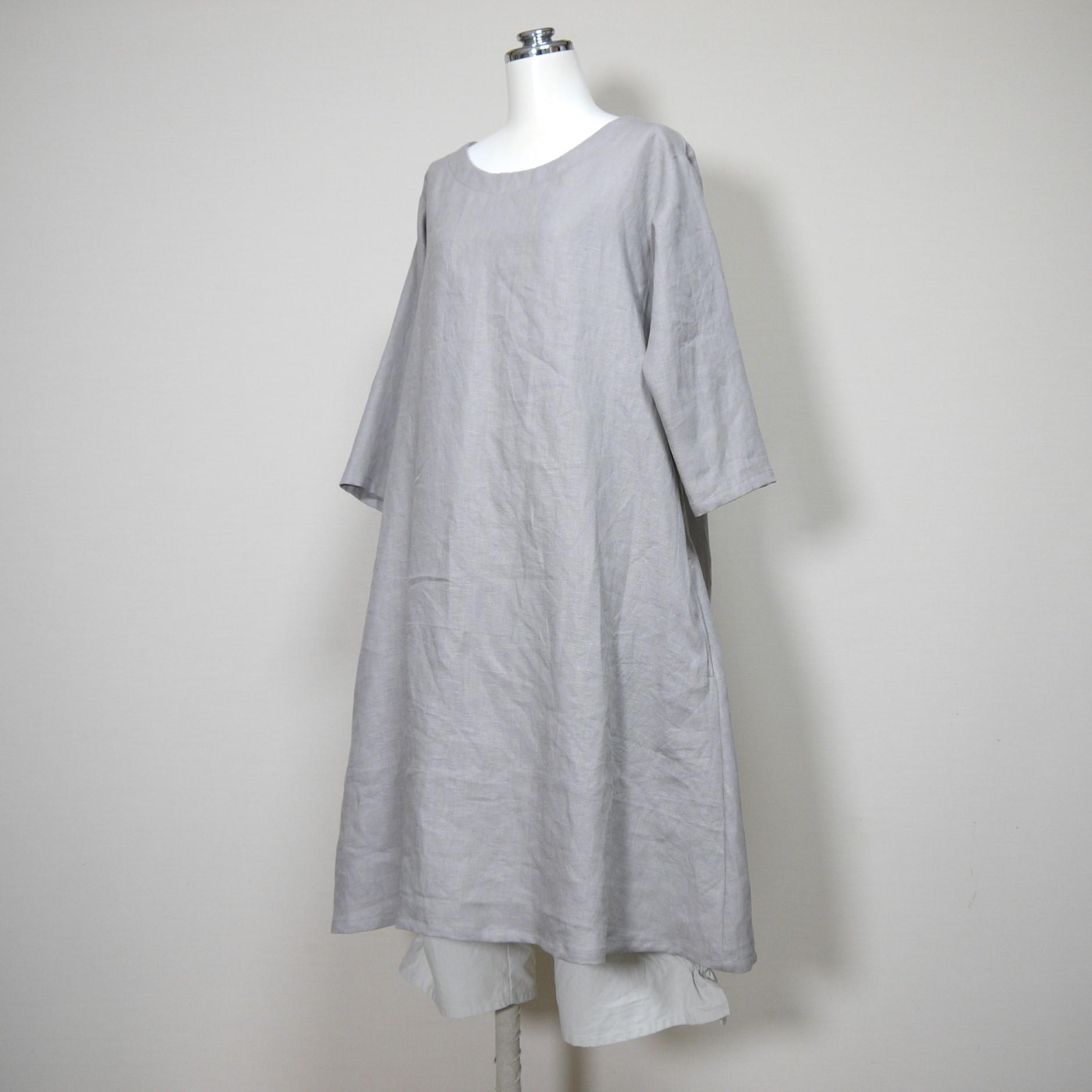 リネン◆魔女ワンピ★丸衿仕様★七分袖◆グレージュ◆フリーサイズ（中厚リネン100％）★ワンピース★ | 2枚目