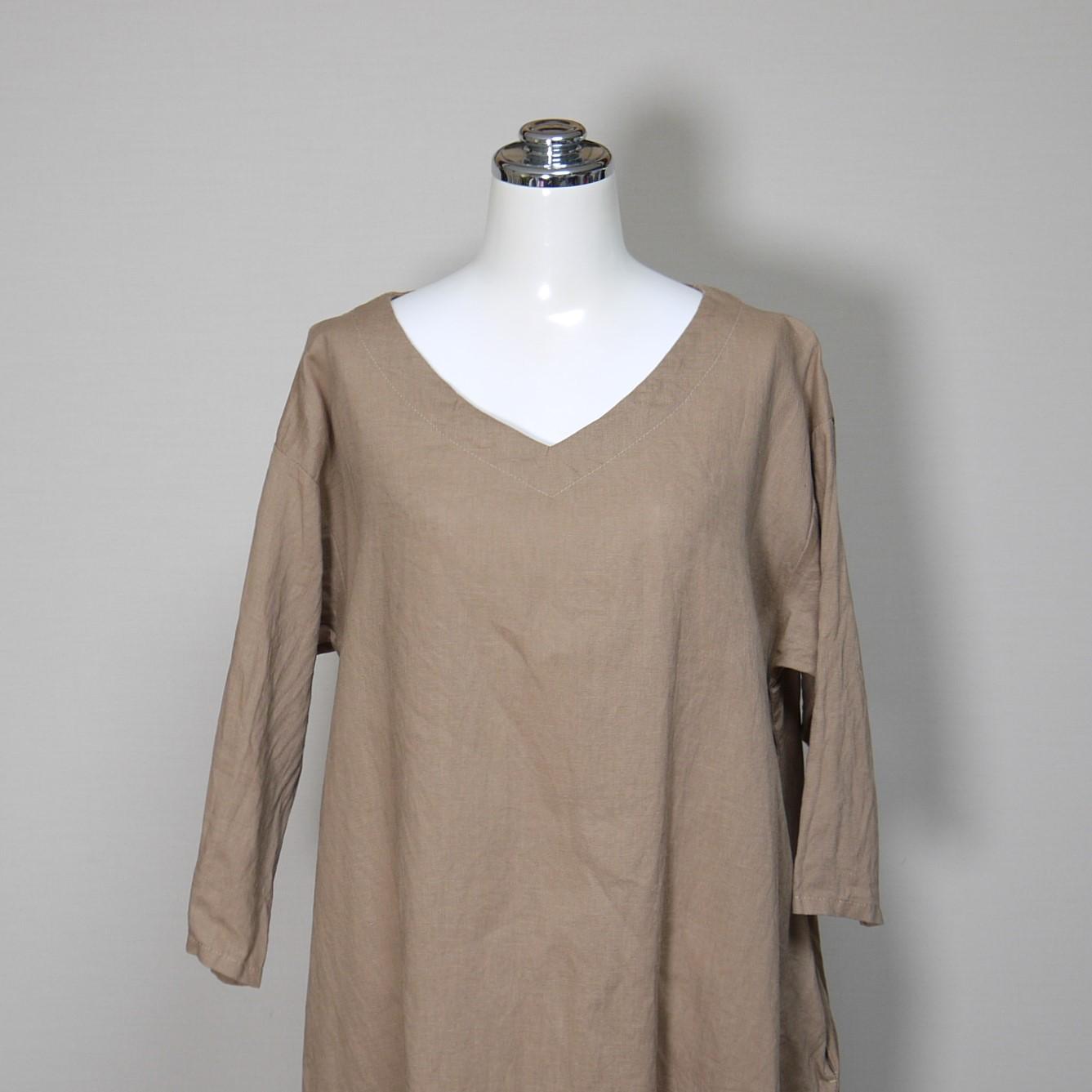 さらっとリネン◆魔女ワンピ　七分袖◆ライトキャメル◆フリーサイズ◆（中厚、リネン100％）～リネンのワンピース～ | 2枚目