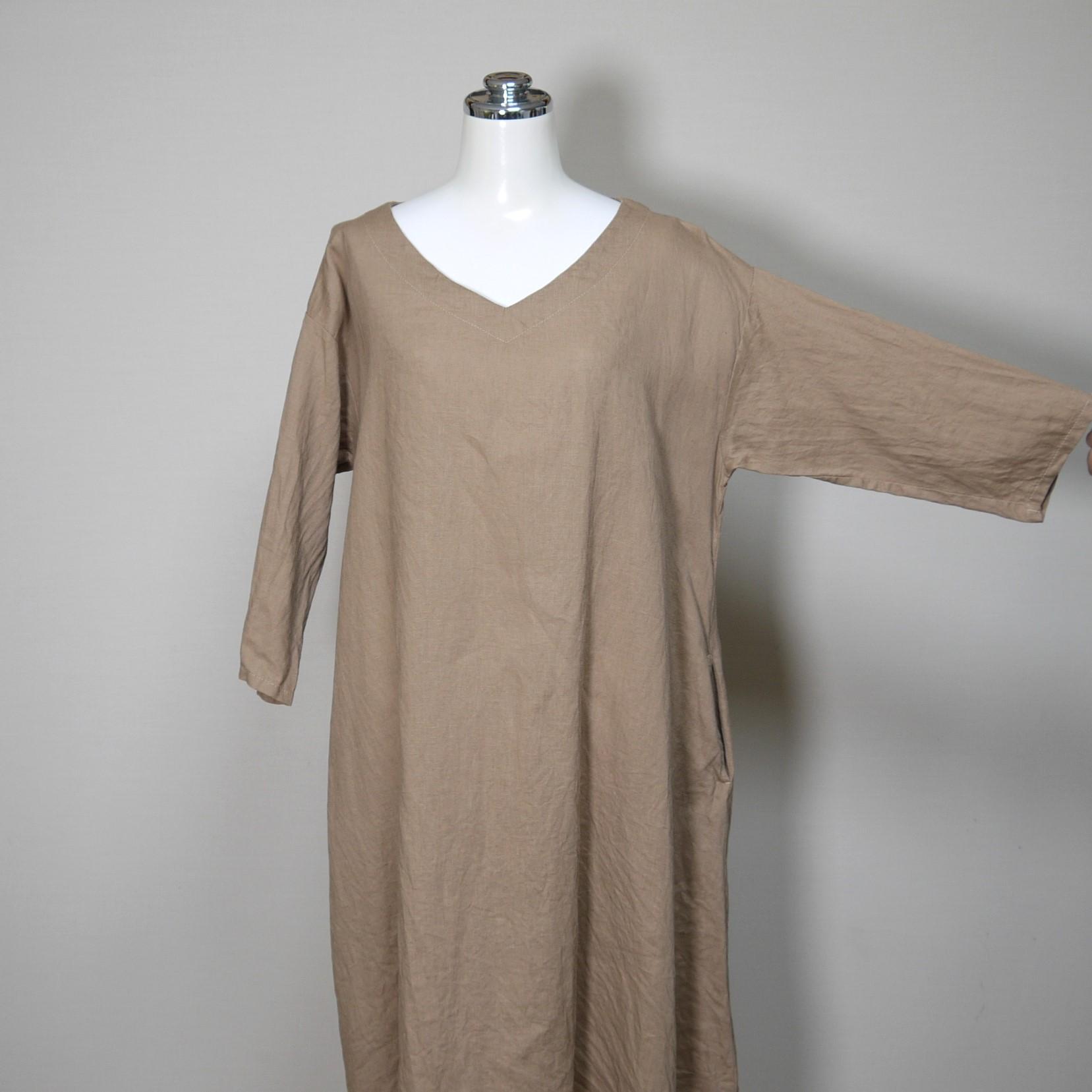 さらっとリネン◆魔女ワンピ　七分袖◆ライトキャメル◆フリーサイズ◆（中厚、リネン100％）～リネンのワンピース～ | 3枚目