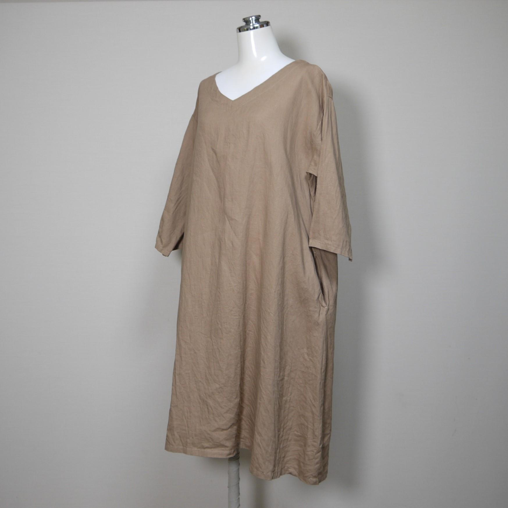 さらっとリネン◆魔女ワンピ　七分袖◆ライトキャメル◆フリーサイズ◆（中厚、リネン100％）～リネンのワンピース～ | 4枚目