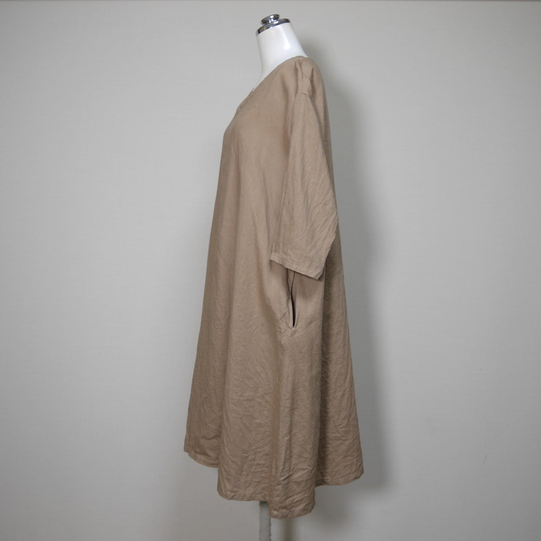 さらっとリネン◆魔女ワンピ　七分袖◆ライトキャメル◆フリーサイズ◆（中厚、リネン100％）～リネンのワンピース～ | 5枚目