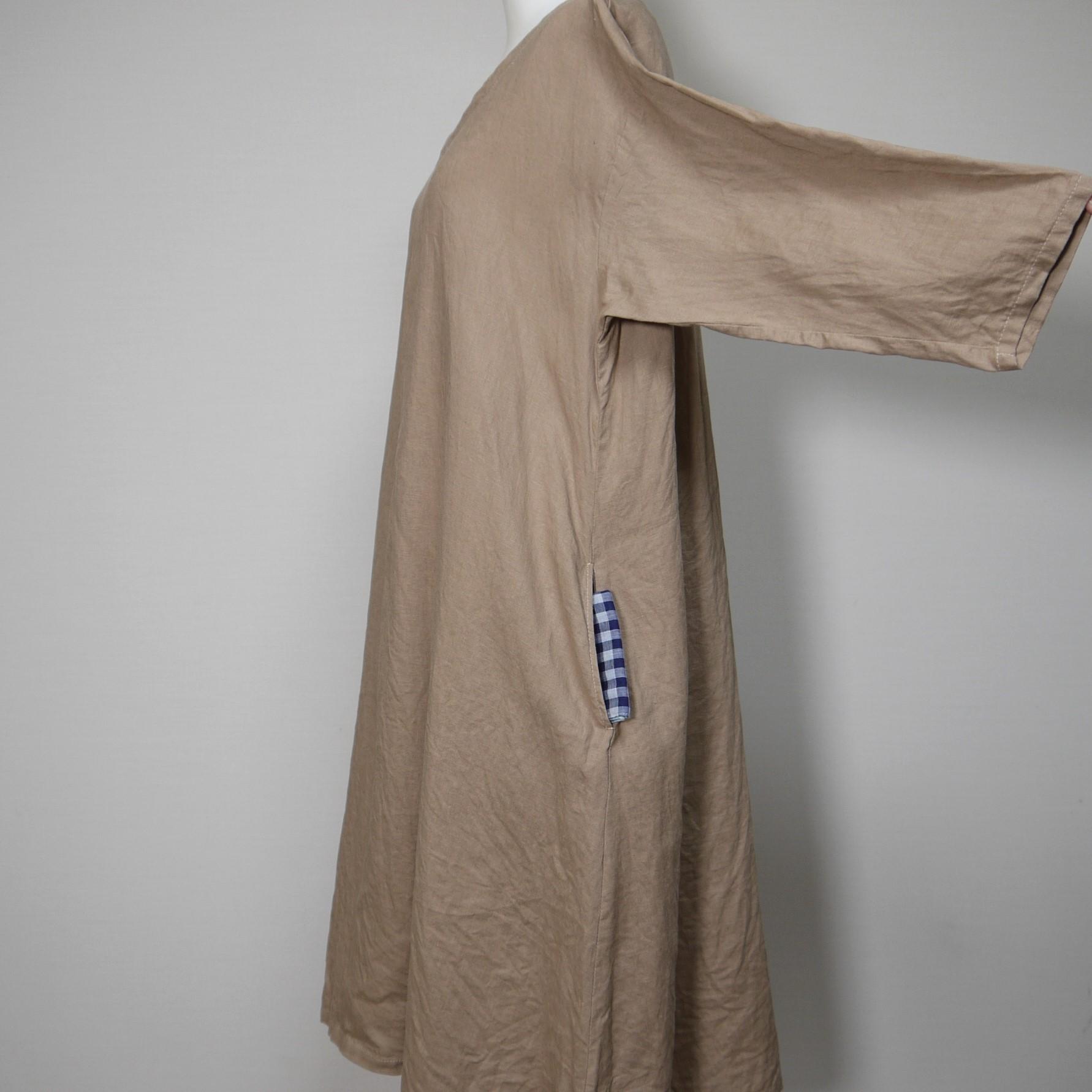 さらっとリネン◆魔女ワンピ　七分袖◆ライトキャメル◆フリーサイズ◆（中厚、リネン100％）～リネンのワンピース～ | 6枚目