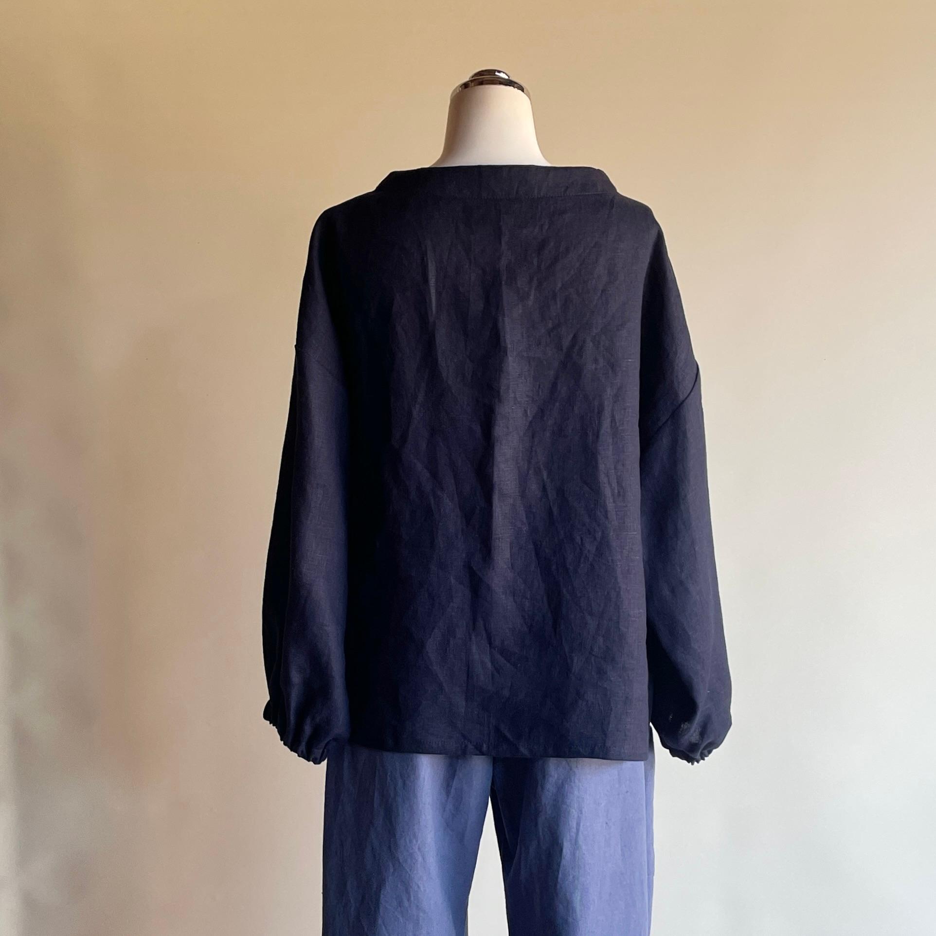 リネン◆ボトルネックブラウス◆ネイビー◆M・L・LL（リネン100％、中厚） | 5枚目