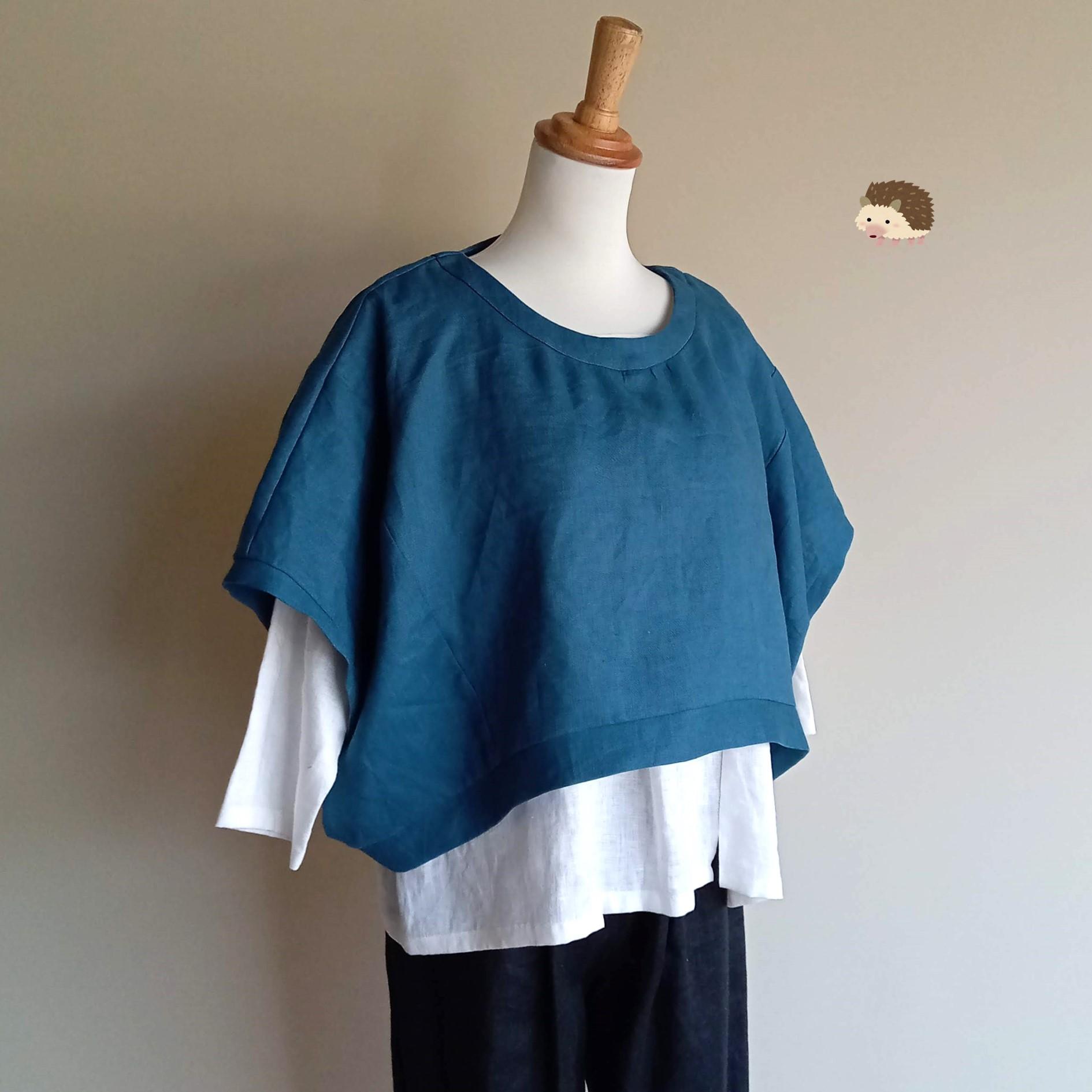 カラーリネン◆ショートプルオーバー◆ブルー◆フリーサイズ(中厚、リネン100%)1枚目の画像