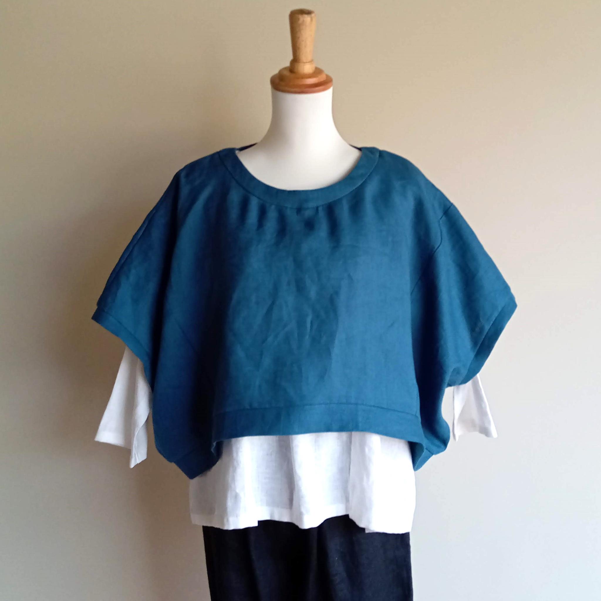 カラーリネン◆ショートプルオーバー◆ブルー◆フリーサイズ(中厚、リネン100%) | 2枚目