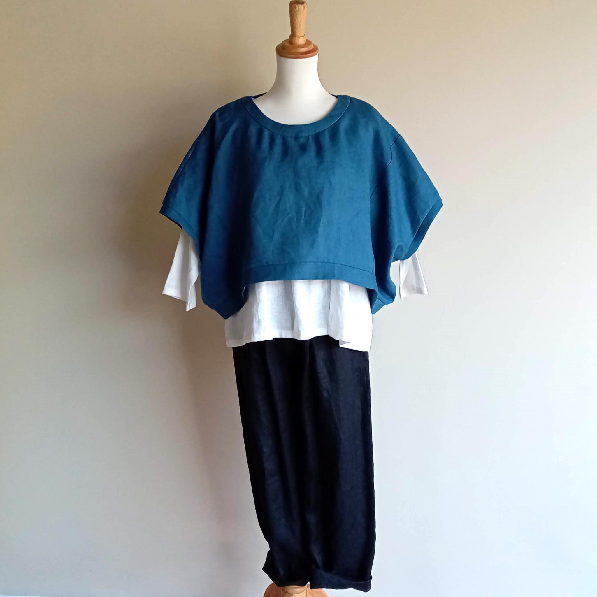 カラーリネン◆ショートプルオーバー◆ブルー◆フリーサイズ(中厚、リネン100%) | 3枚目