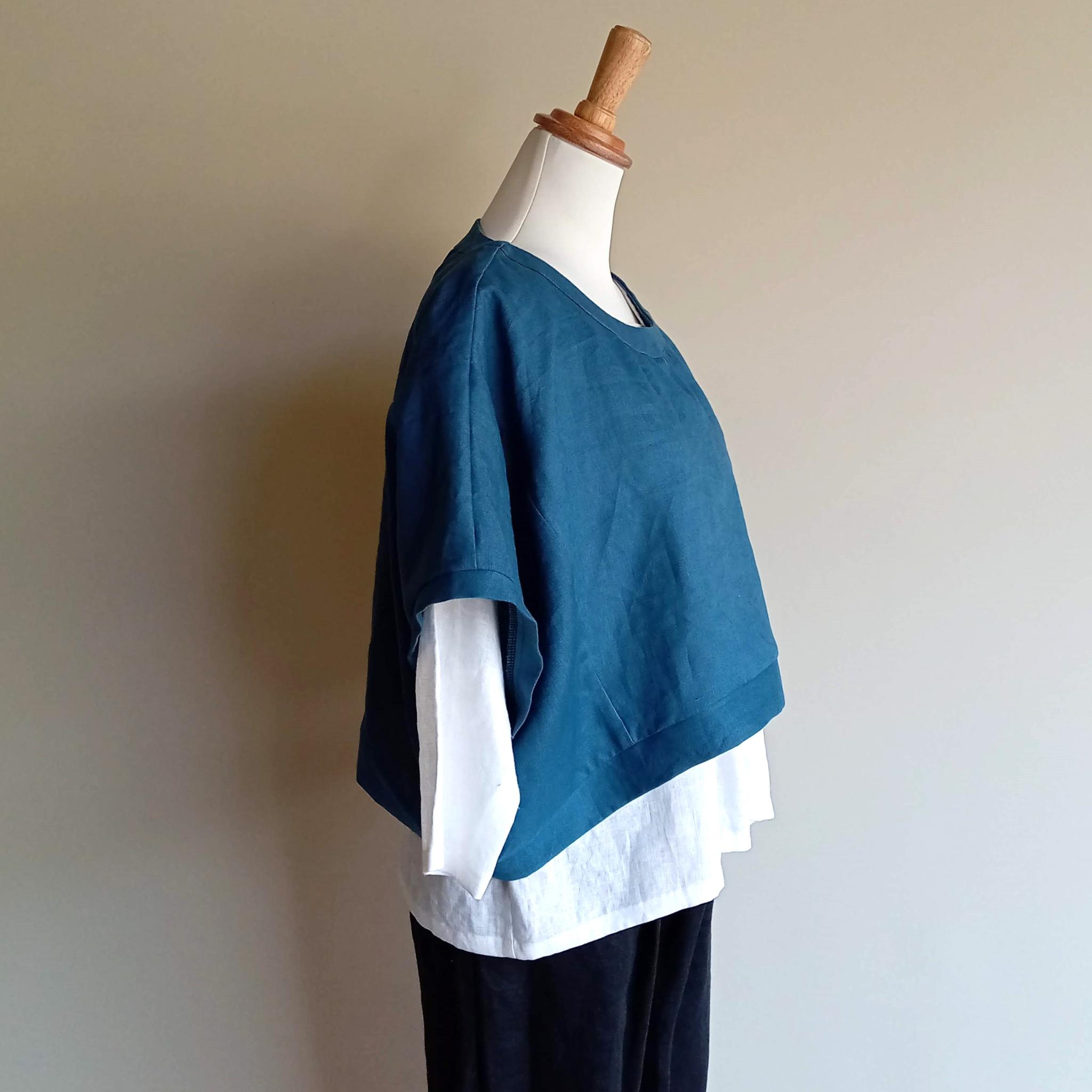 カラーリネン◆ショートプルオーバー◆ブルー◆フリーサイズ(中厚、リネン100%) | 4枚目