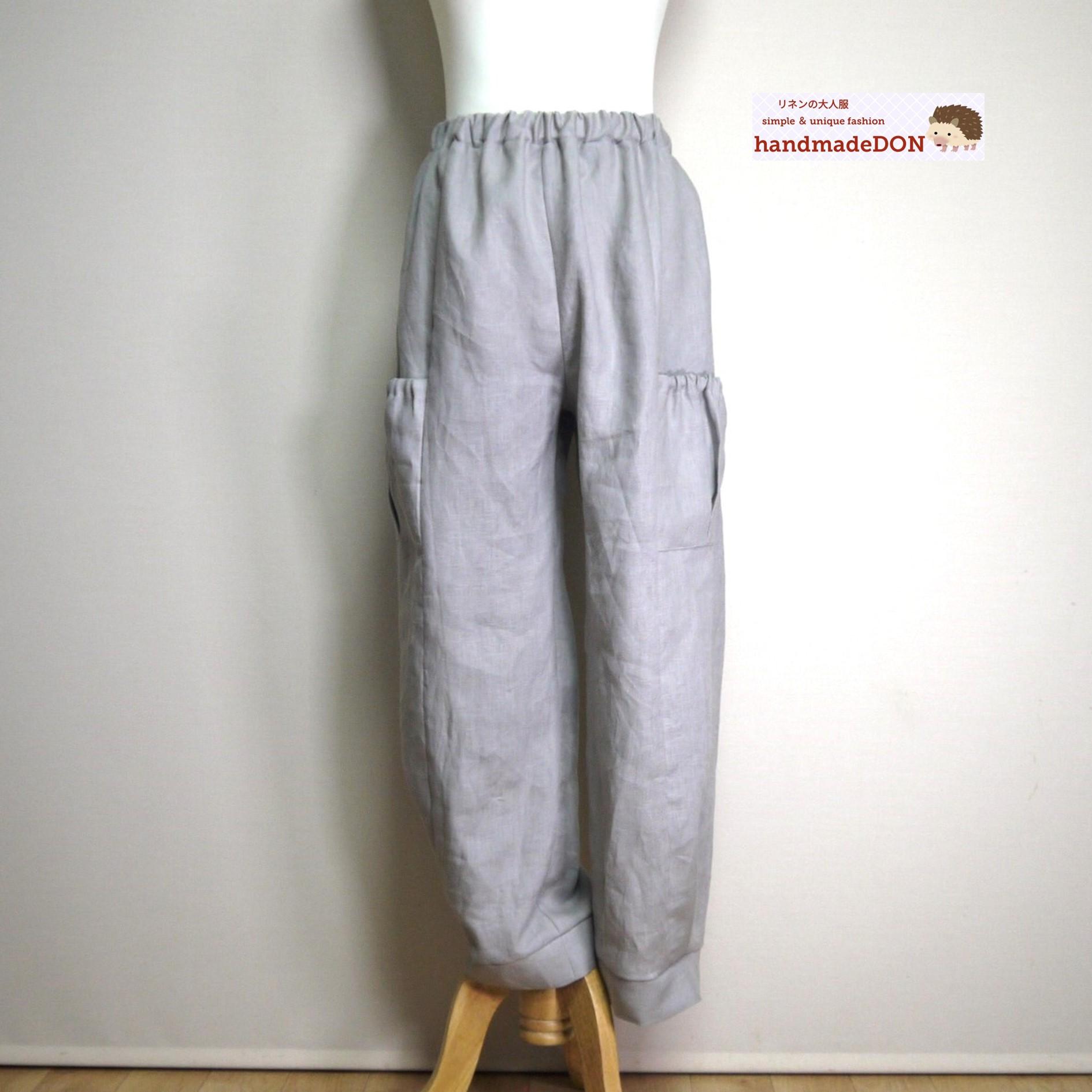 カラーリネン◆サイドポケットパンツ ワイドロング◆グレージュ◆フリーサイズ(中厚、リネン100%)1枚目の画像