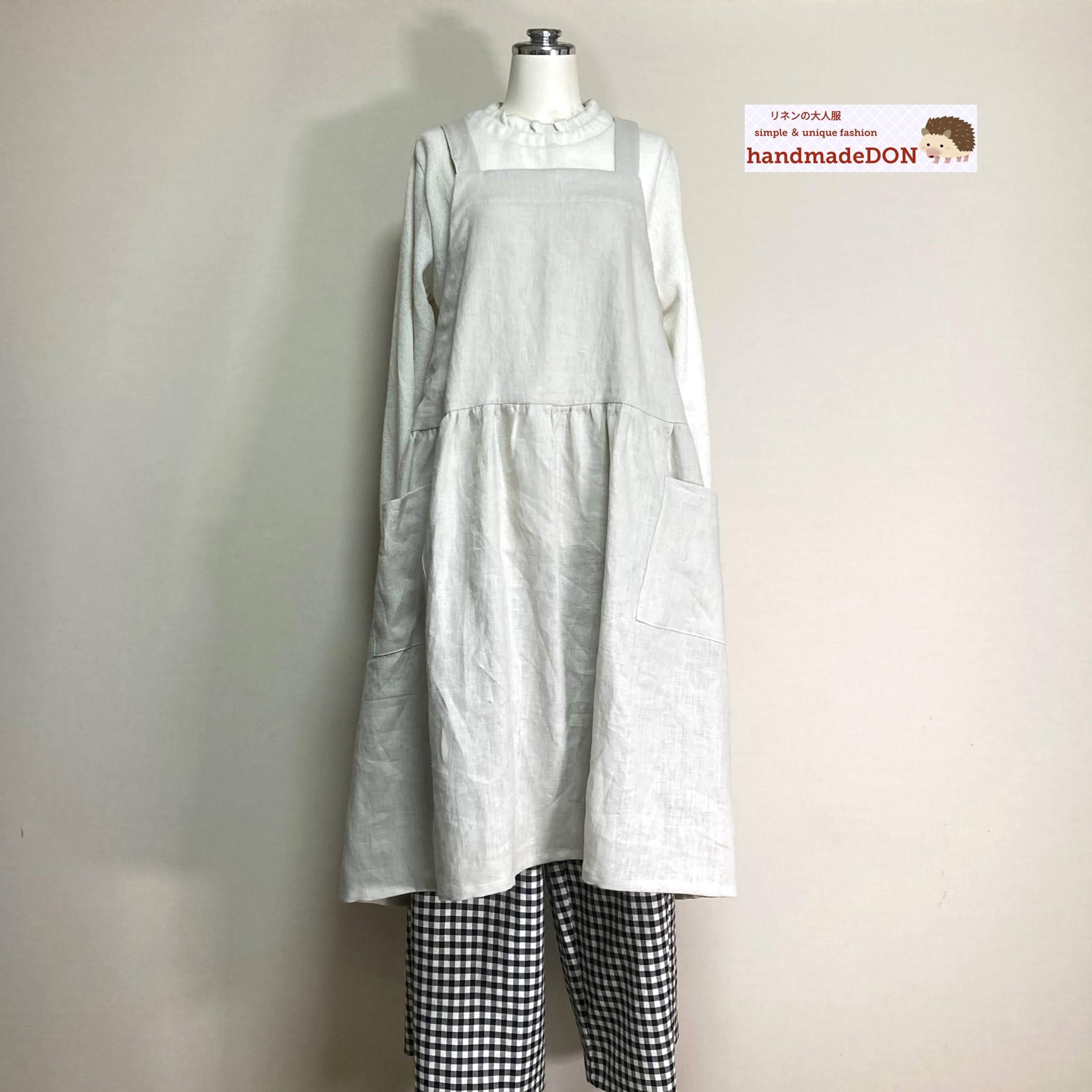 カラーリネン◆ギャザーエプロンワンピース◆ナチュラル◆フリーサイズ(中厚、リネン100%)1枚目の画像