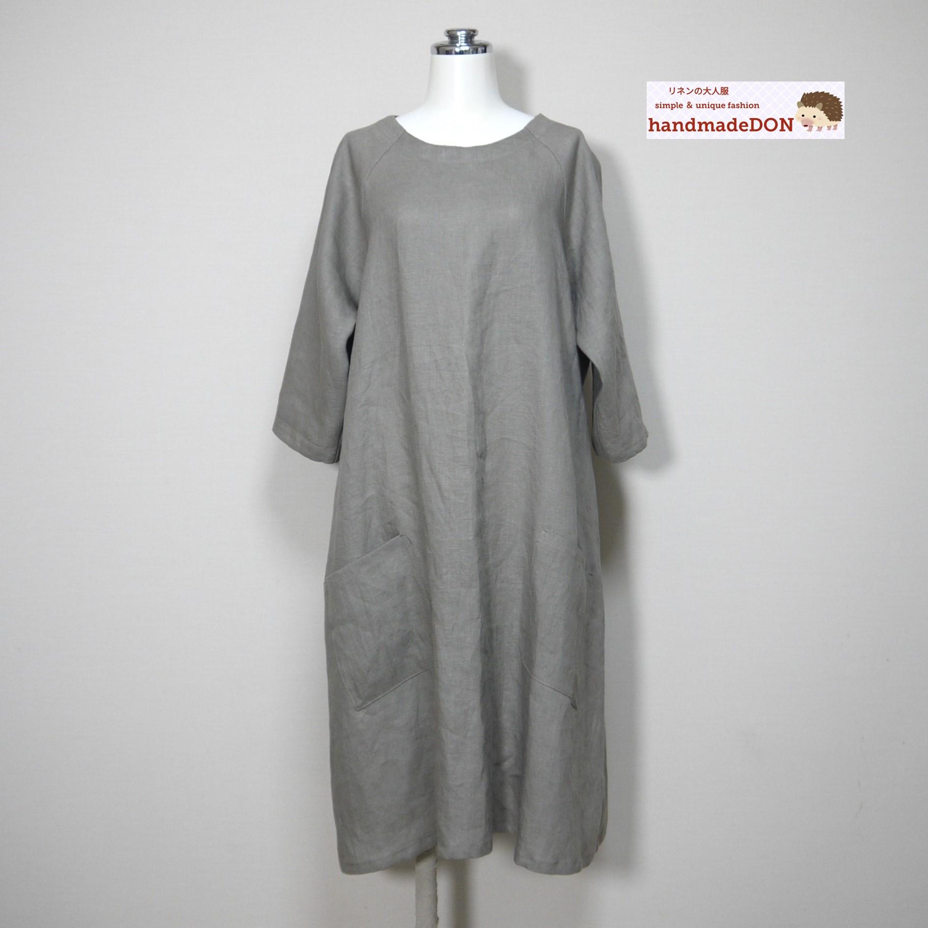 カラーリネン◆DONラグランワンピース 七分袖◆オールドカーキ◆M・Ⅼ・LL(中厚、リネン100%)1枚目の画像