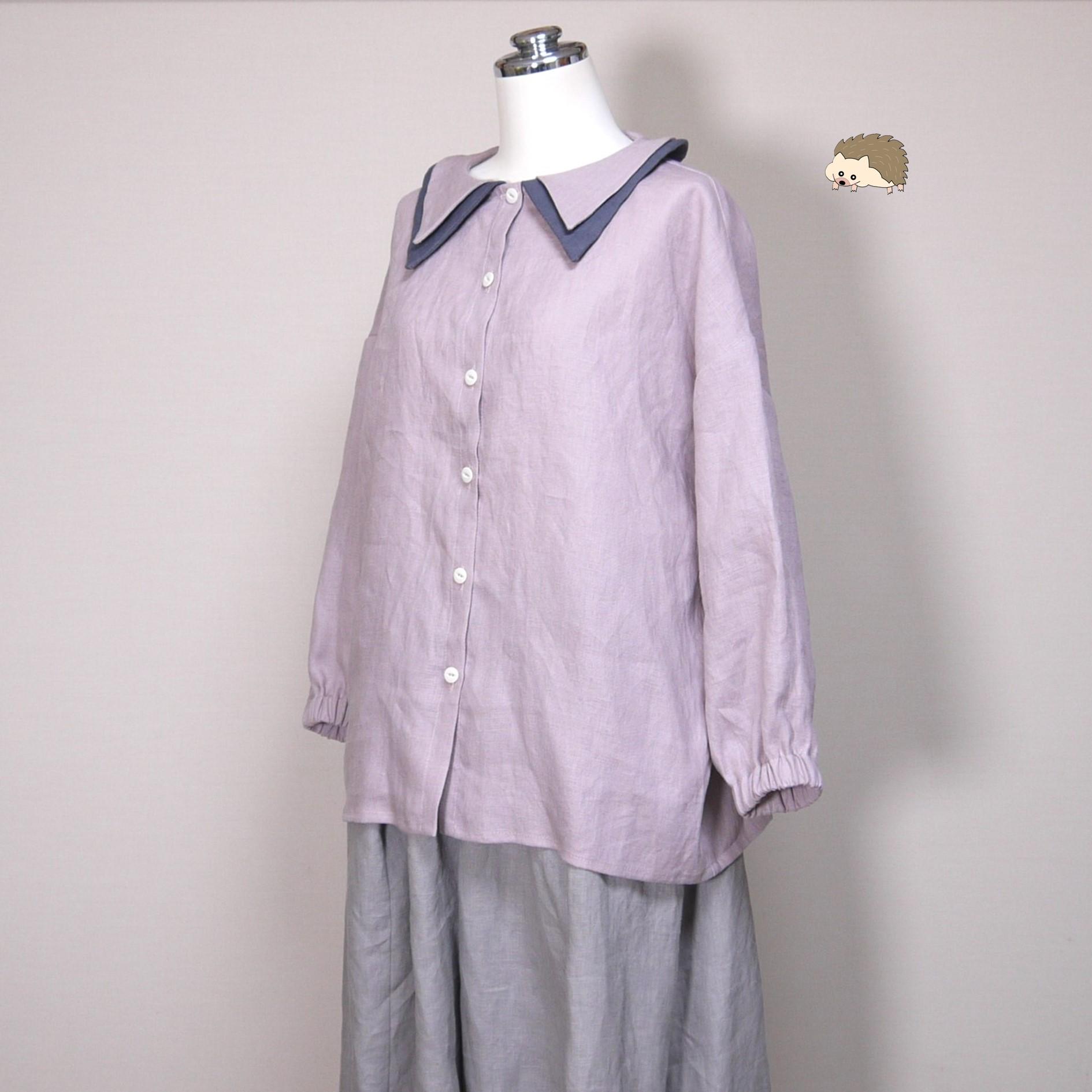 カラーリネン◆Wカラーブラウス 八分袖◆オールドモーブ(下衿:ブルーグレー)◆M・L(中厚、リネン100%)1枚目の画像