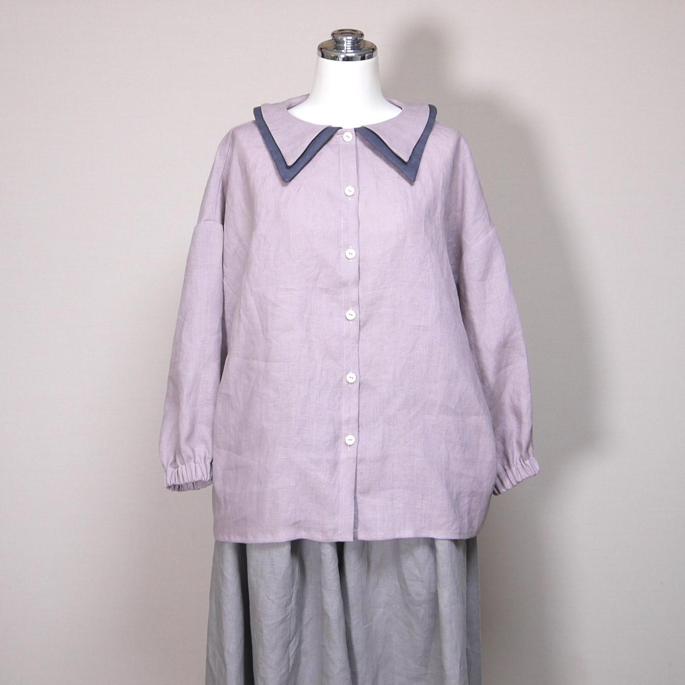 カラーリネン◆Wカラーブラウス 八分袖◆オールドモーブ(下衿:ブルーグレー)◆M・L(中厚、リネン100%) | 2枚目