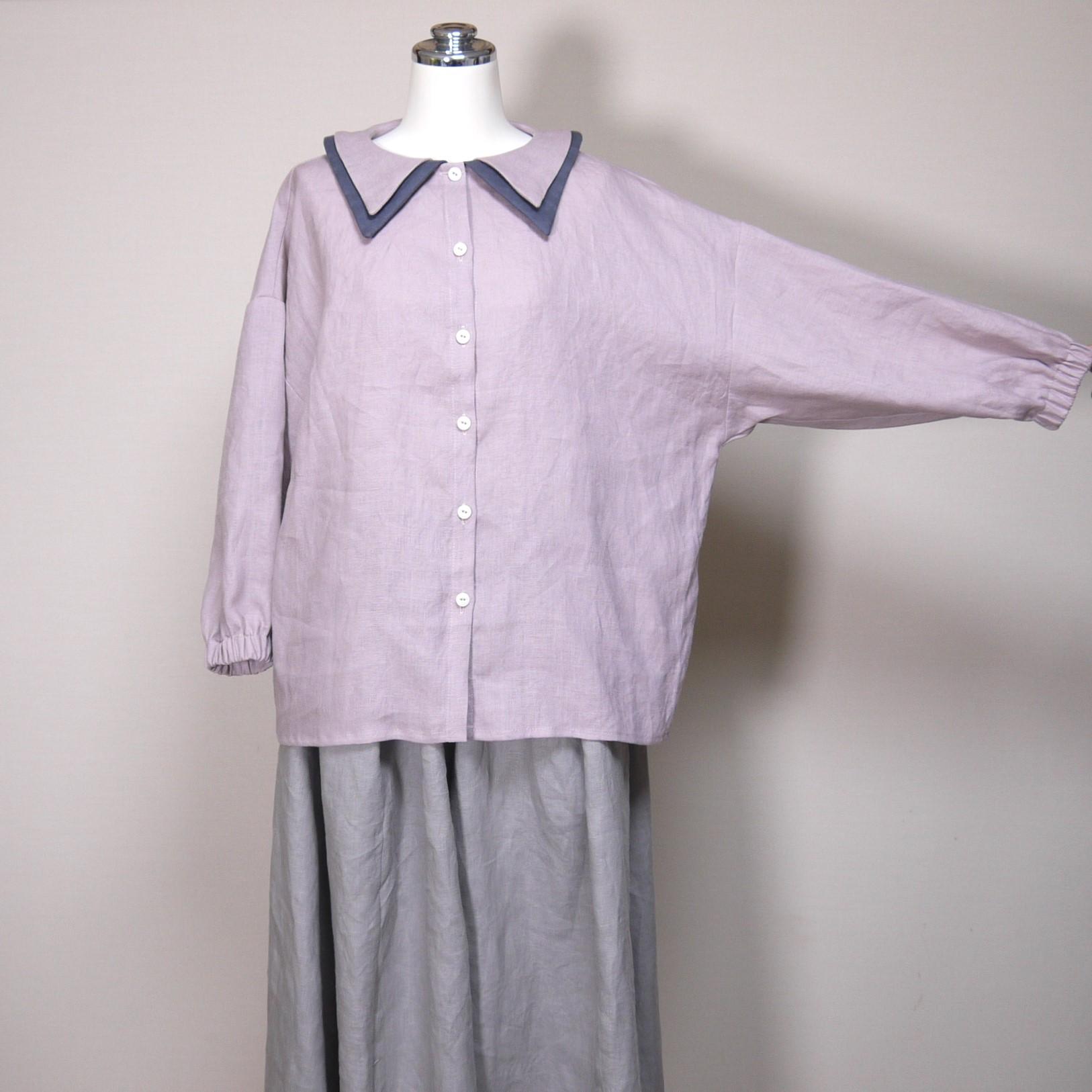 カラーリネン◆Wカラーブラウス 八分袖◆オールドモーブ(下衿:ブルーグレー)◆M・L(中厚、リネン100%) | 3枚目