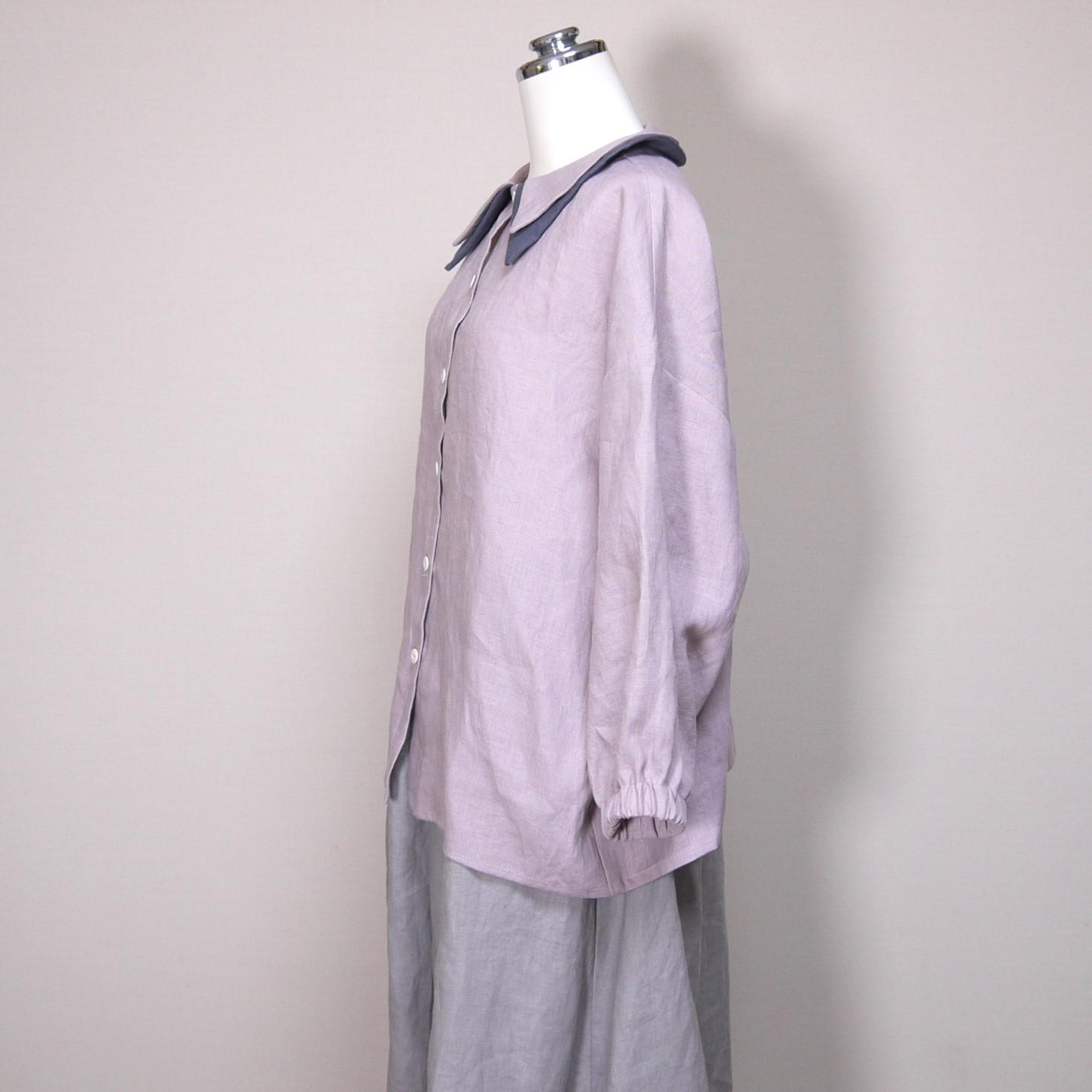 カラーリネン◆Wカラーブラウス 八分袖◆オールドモーブ(下衿:ブルーグレー)◆M・L(中厚、リネン100%) | 4枚目