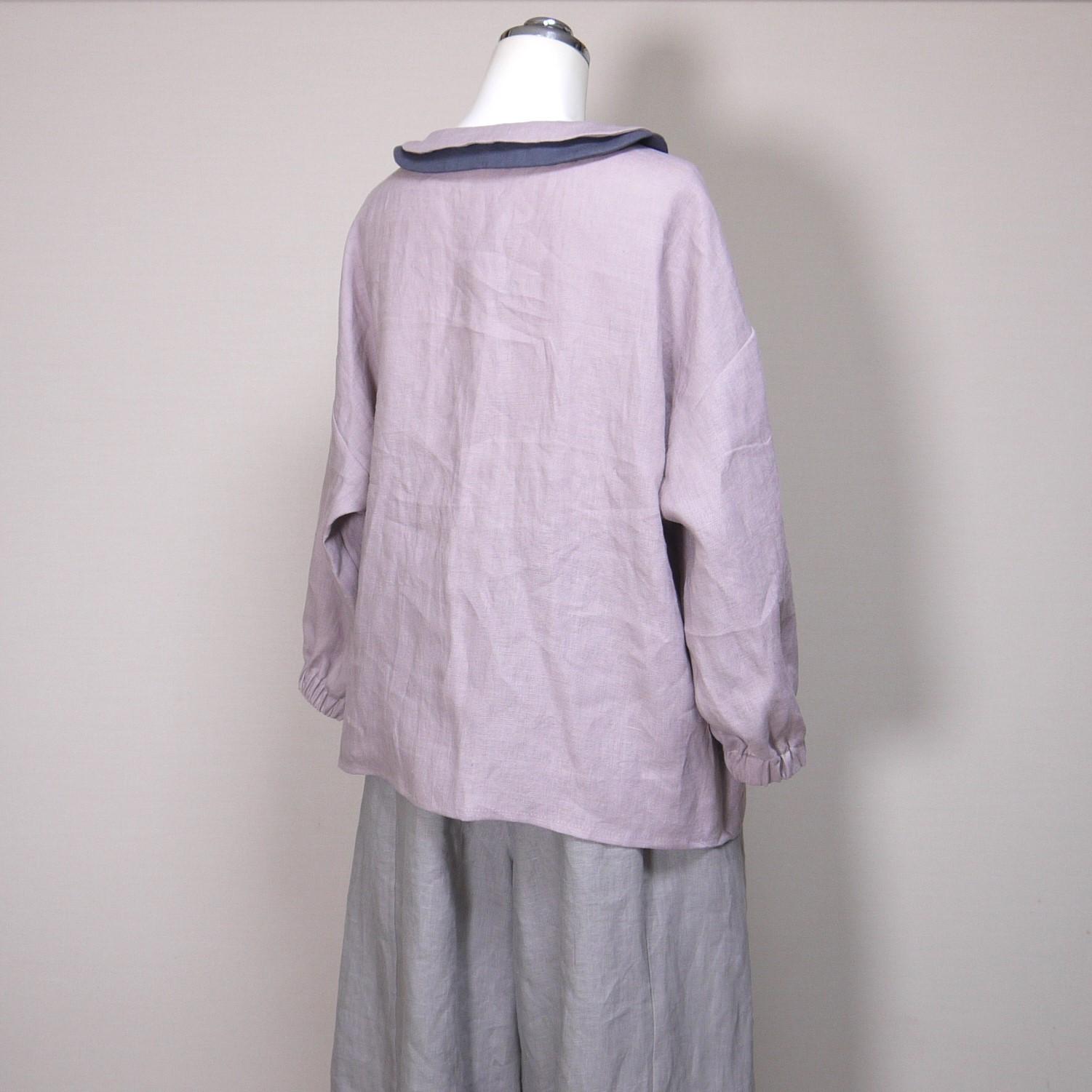 カラーリネン◆Wカラーブラウス 八分袖◆オールドモーブ(下衿:ブルーグレー)◆M・L(中厚、リネン100%) | 5枚目