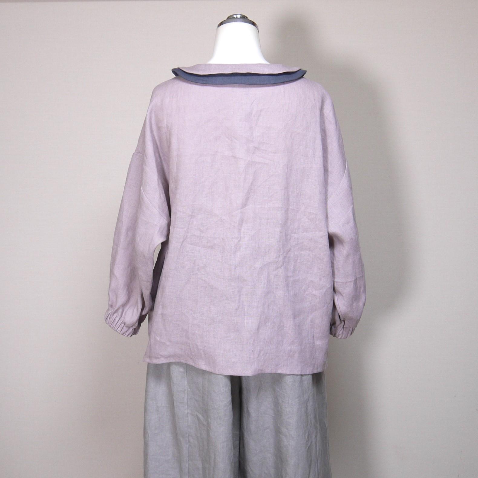 カラーリネン◆Wカラーブラウス 八分袖◆オールドモーブ(下衿:ブルーグレー)◆M・L(中厚、リネン100%) | 6枚目