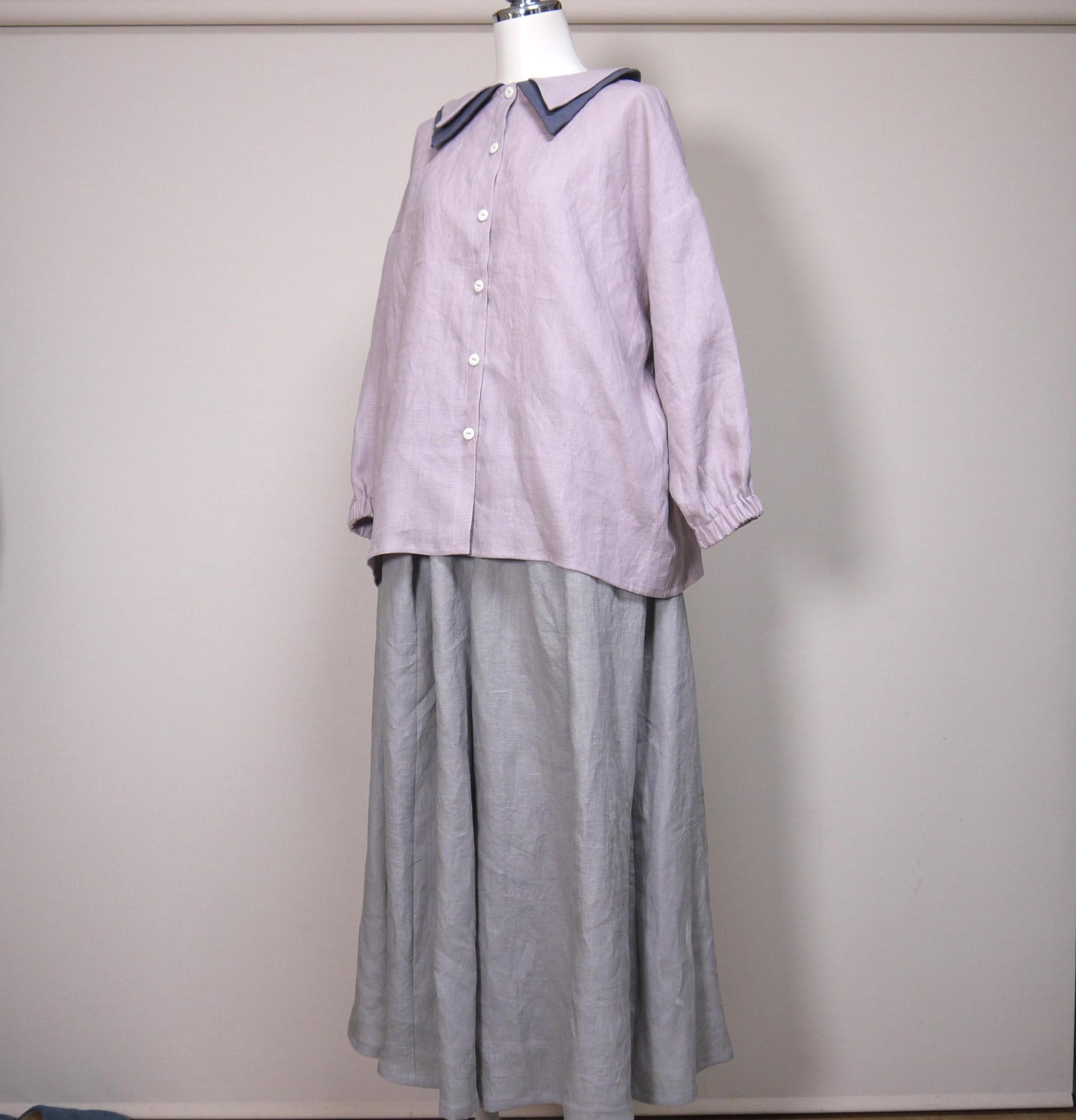 カラーリネン◆Wカラーブラウス 八分袖◆オールドモーブ(下衿:ブルーグレー)◆M・L(中厚、リネン100%) | 7枚目