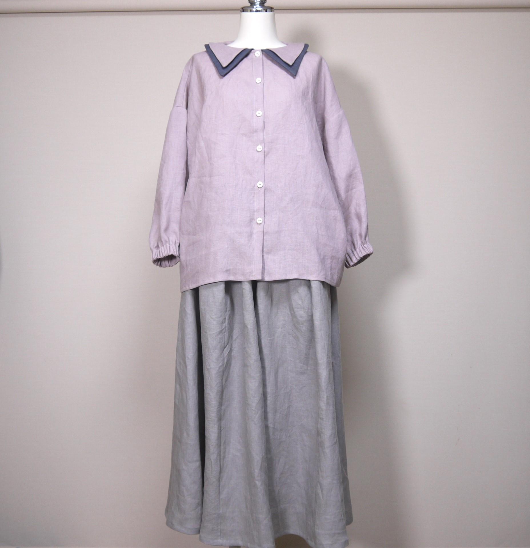 カラーリネン◆Wカラーブラウス 八分袖◆オールドモーブ(下衿:ブルーグレー)◆M・L(中厚、リネン100%) | 8枚目